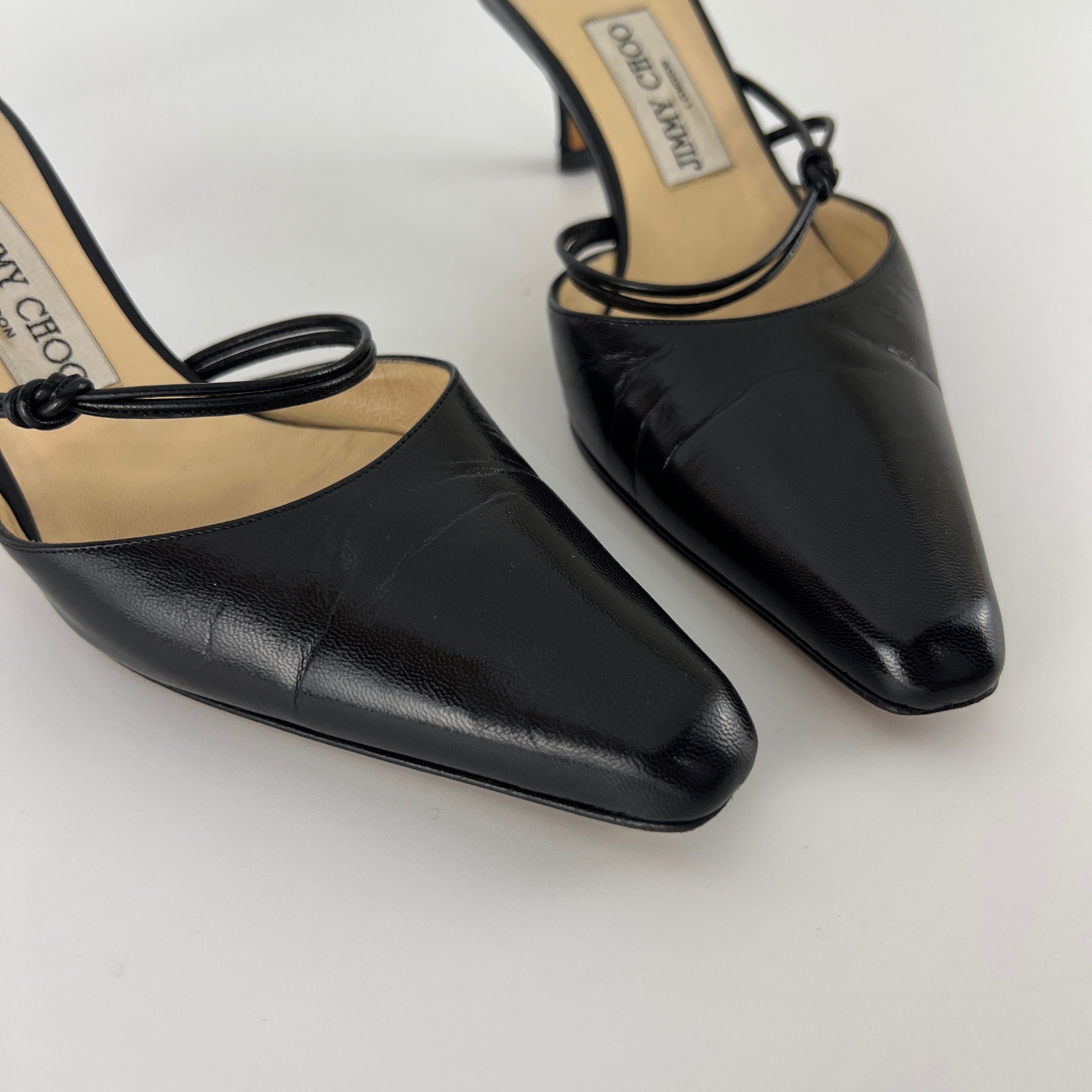 Jimmy Choo | Black Pointed Toe Knotted Strap Mid Heel Mules (37)