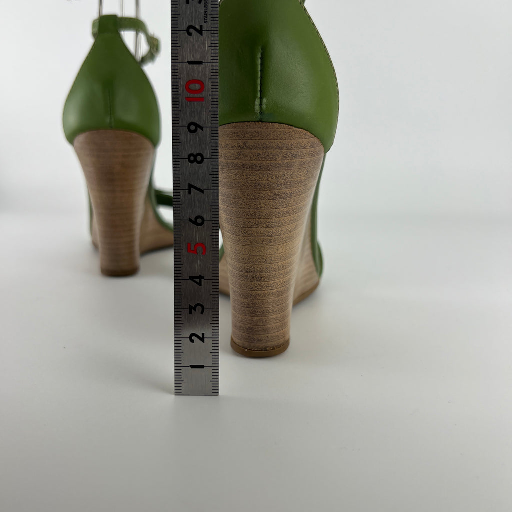 Tod's | Zeppa Green Leather Ribbon Bow Ankle Wrap Wedge Heels (37)