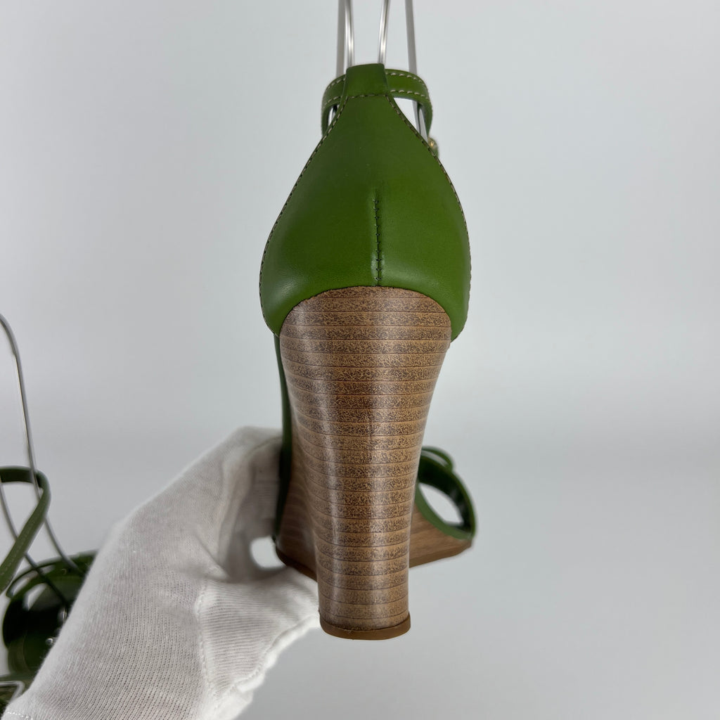 Tod's | Zeppa Green Leather Ribbon Bow Ankle Wrap Wedge Heels (37)