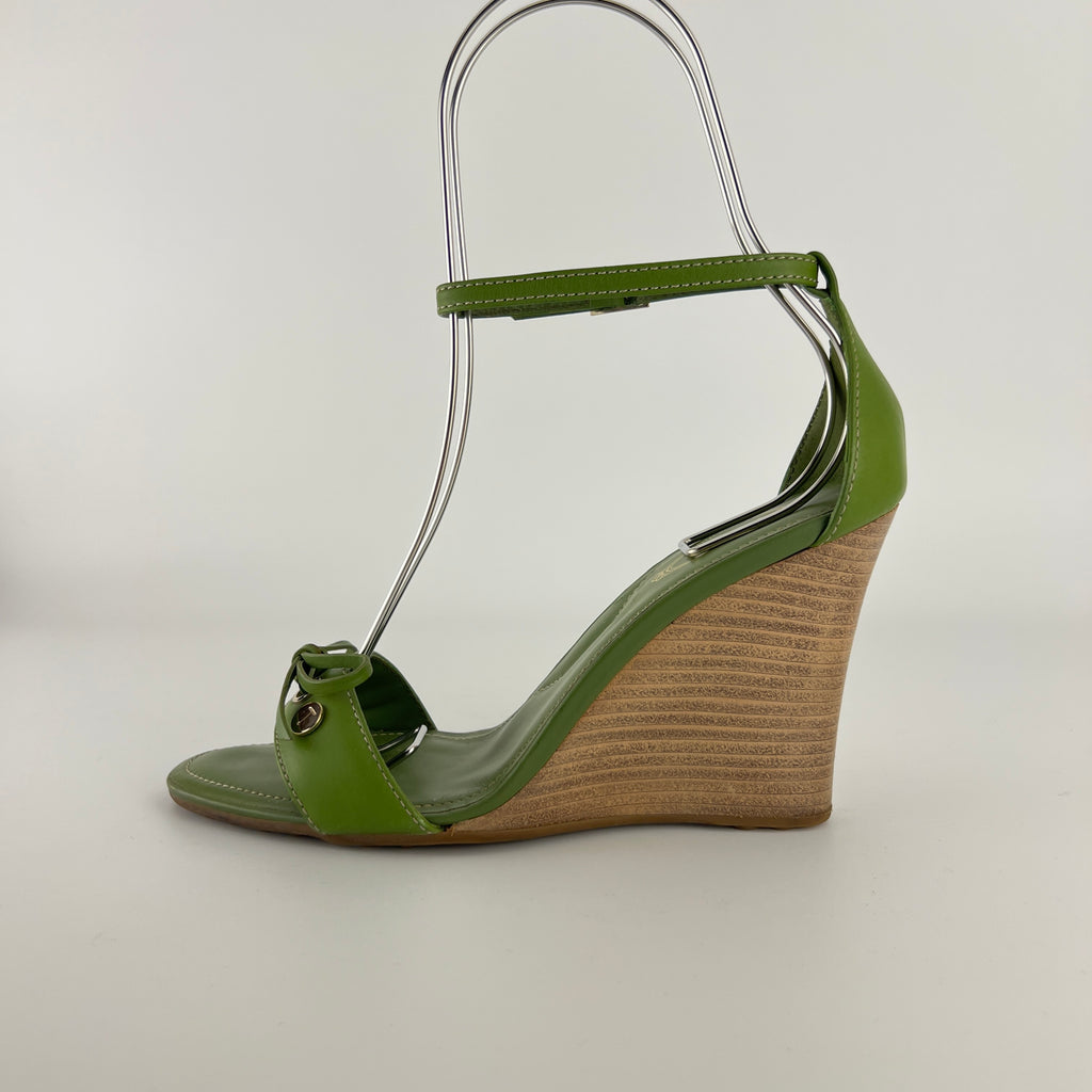 Tod's | Zeppa Green Leather Ribbon Bow Ankle Wrap Wedge Heels (37)