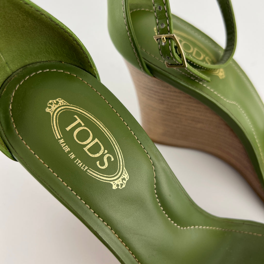 Tod's | Zeppa Green Leather Ribbon Bow Ankle Wrap Wedge Heels (37)