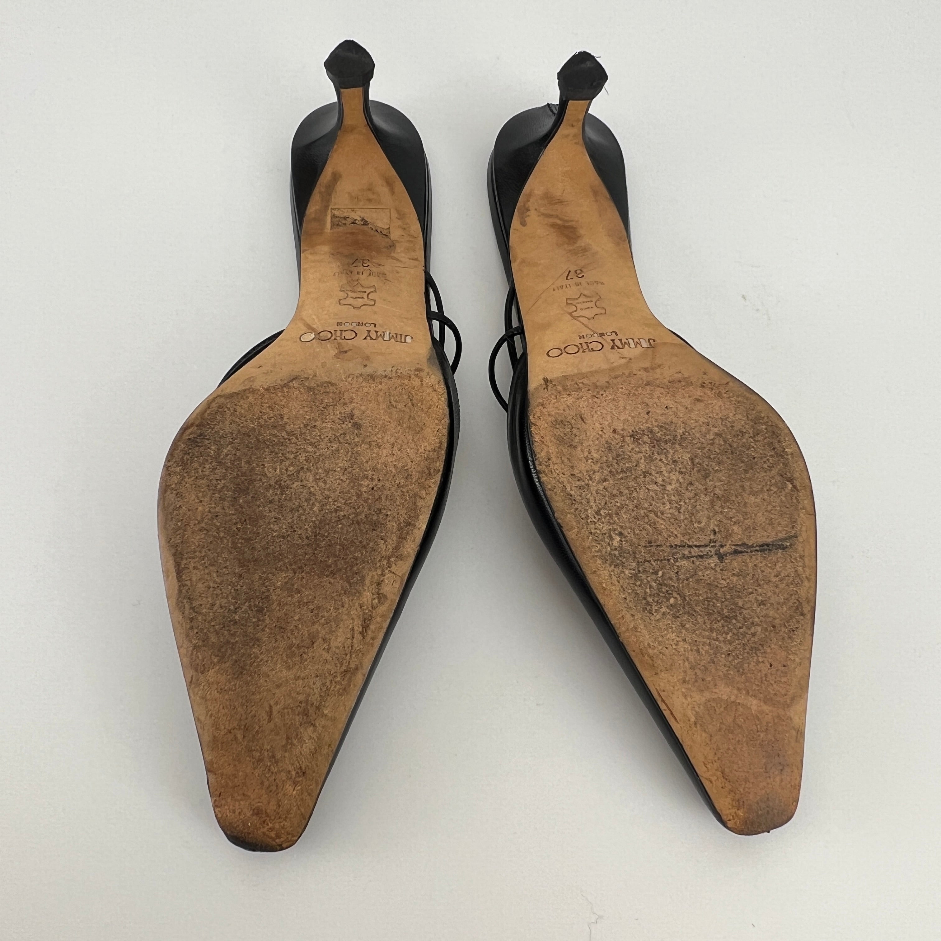 Jimmy Choo | Black Pointed Toe Knotted Strap Mid Heel Mules (37)