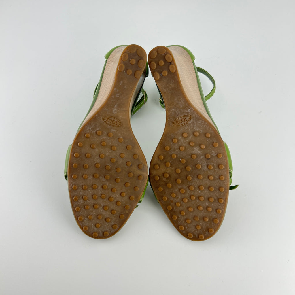 Tod's | Zeppa Green Leather Ribbon Bow Ankle Wrap Wedge Heels (37)