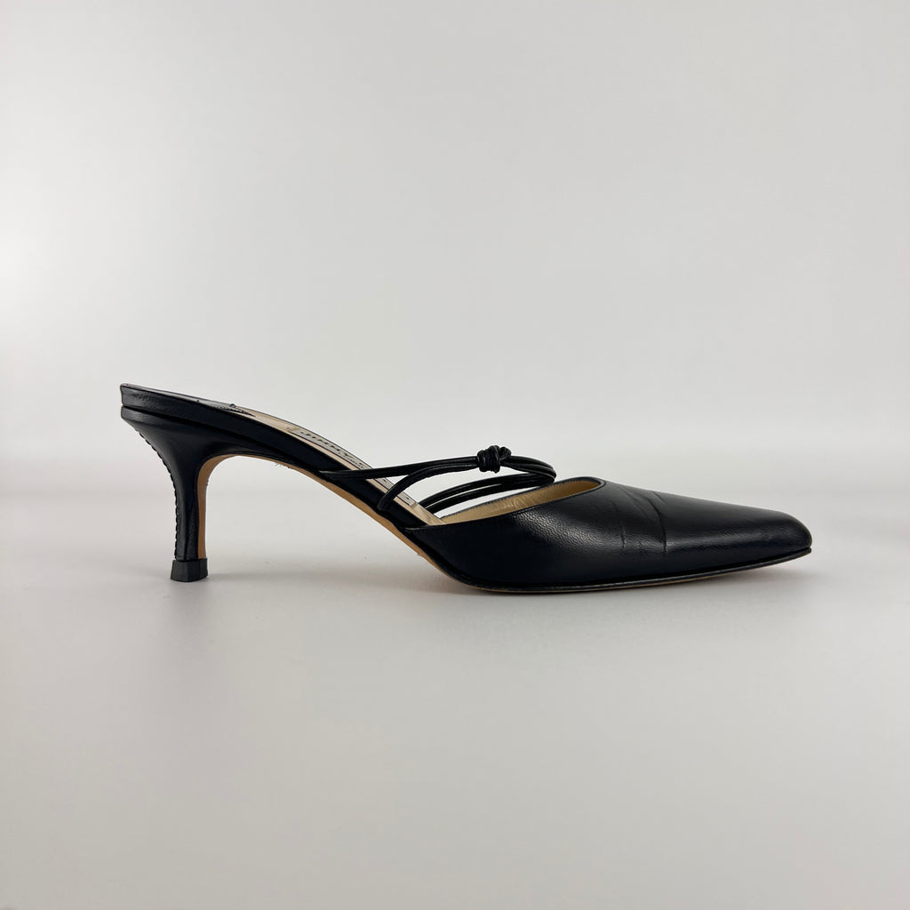 Jimmy Choo | Black Pointed Toe Knotted Strap Mid Heel Mules (37)