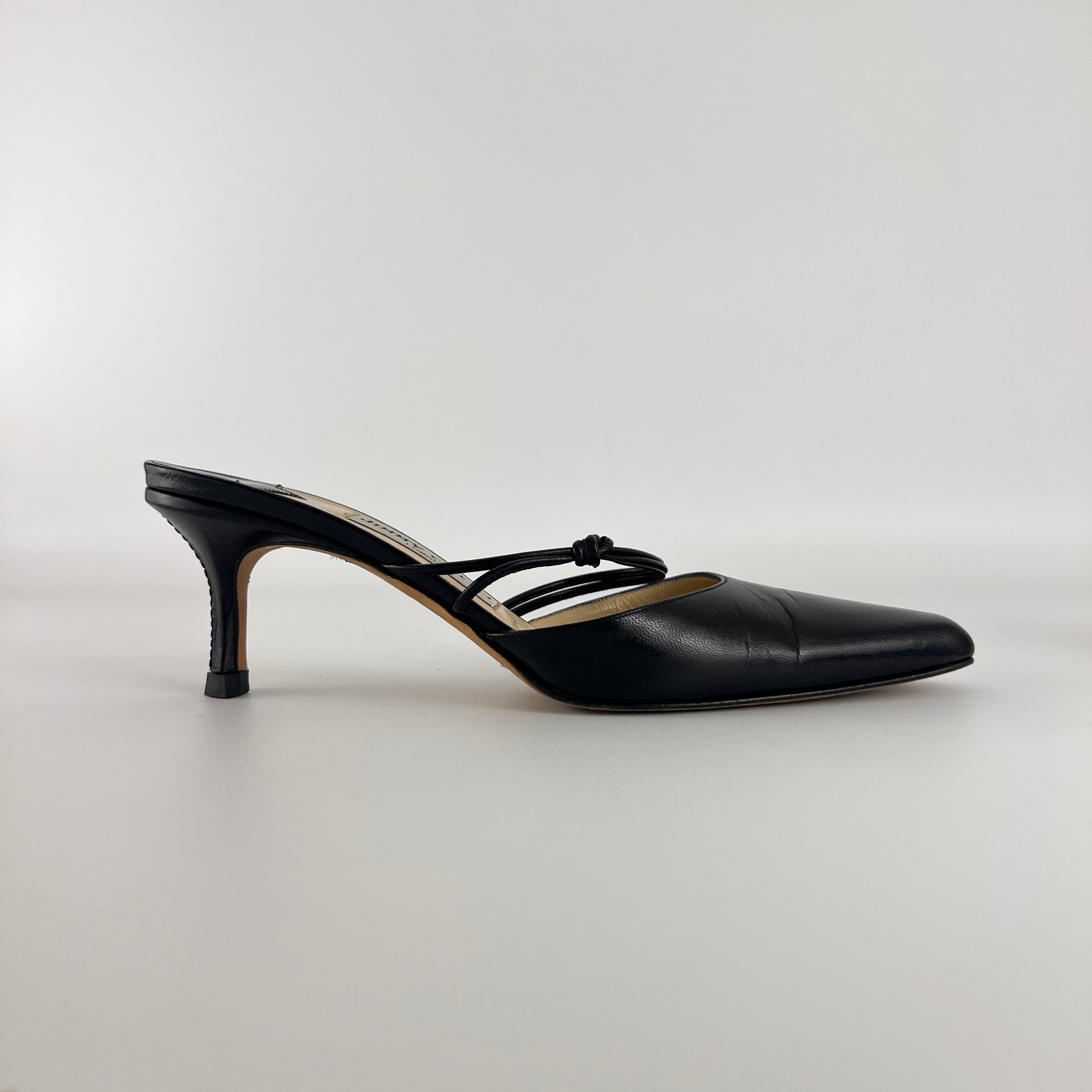 Jimmy Choo | Black Pointed Toe Knotted Strap Mid Heel Mules (37)