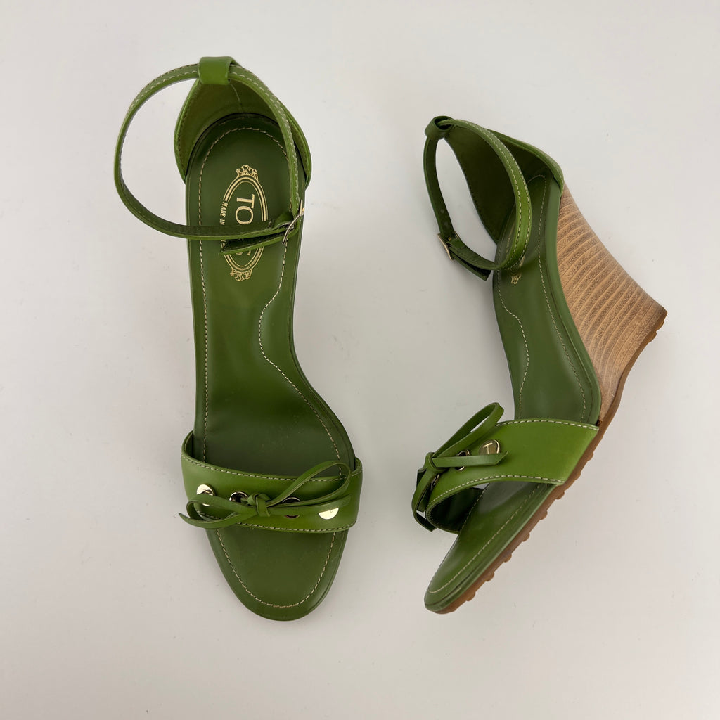Tod's | Zeppa Green Leather Ribbon Bow Ankle Wrap Wedge Heels (37)