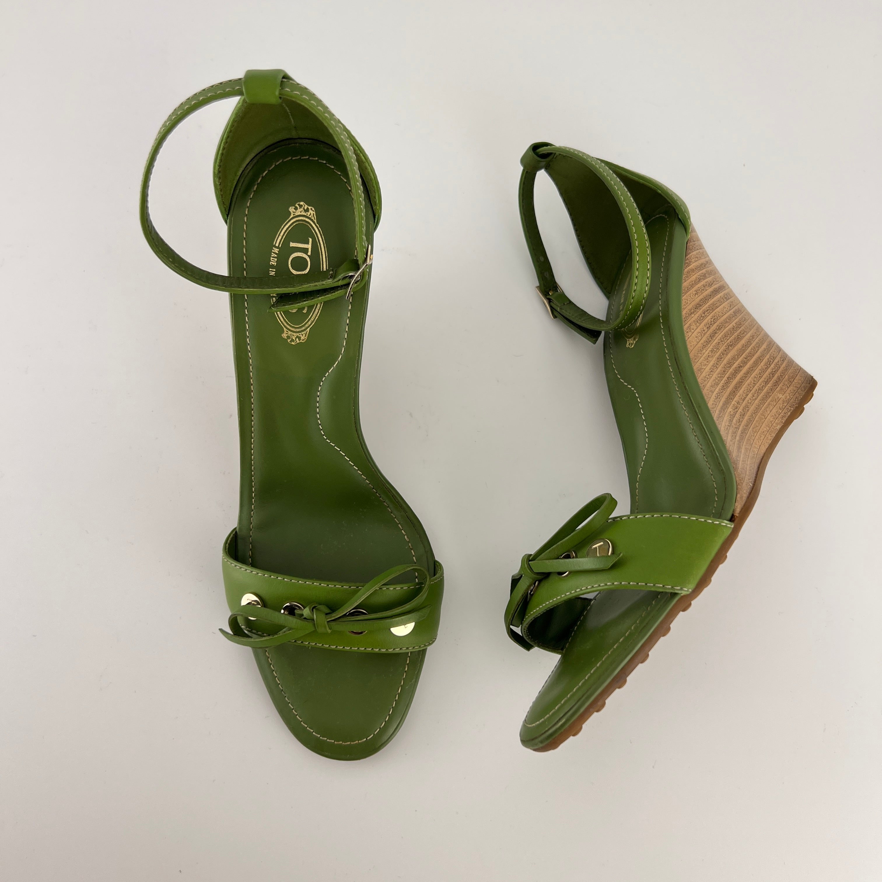Tod's | Zeppa Green Leather Ribbon Bow Ankle Wrap Wedge Heels (37)