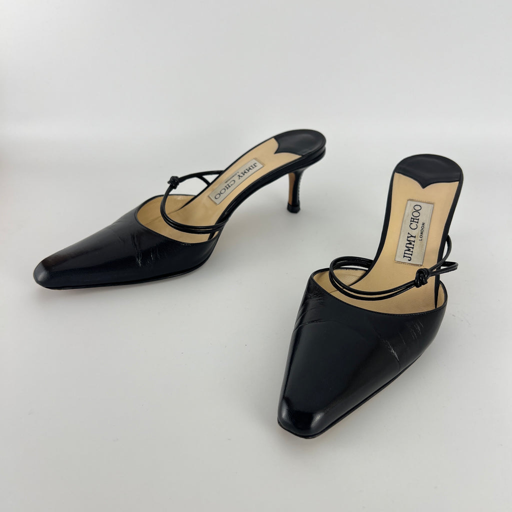 Jimmy Choo | Black Pointed Toe Knotted Strap Mid Heel Mules (37)