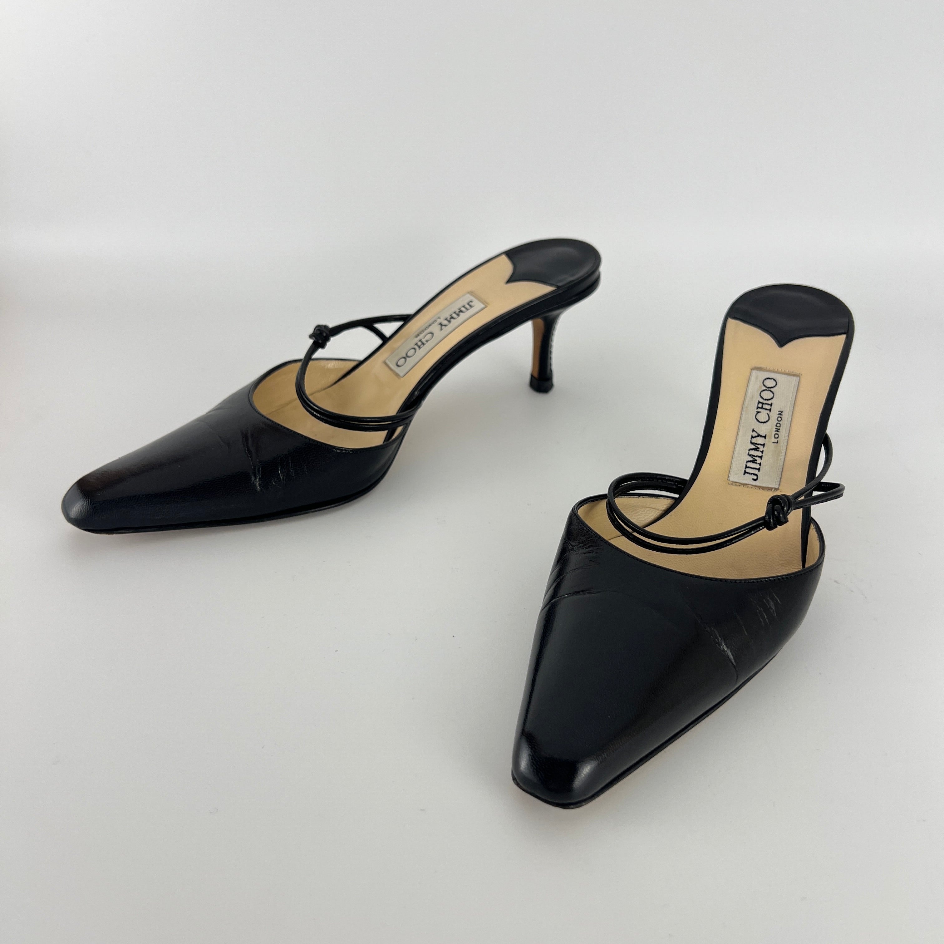 Jimmy Choo | Black Pointed Toe Knotted Strap Mid Heel Mules (37)