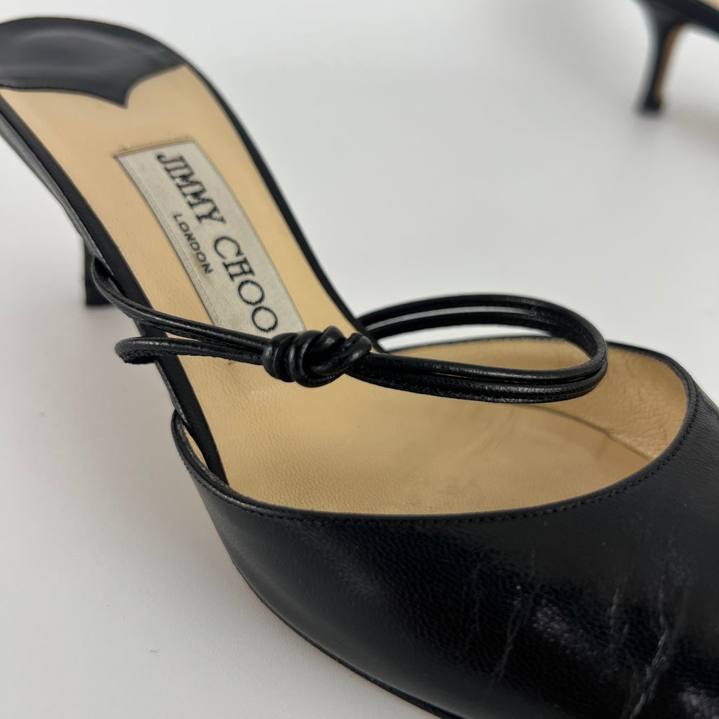 Jimmy Choo | Black Pointed Toe Knotted Strap Mid Heel Mules (37)