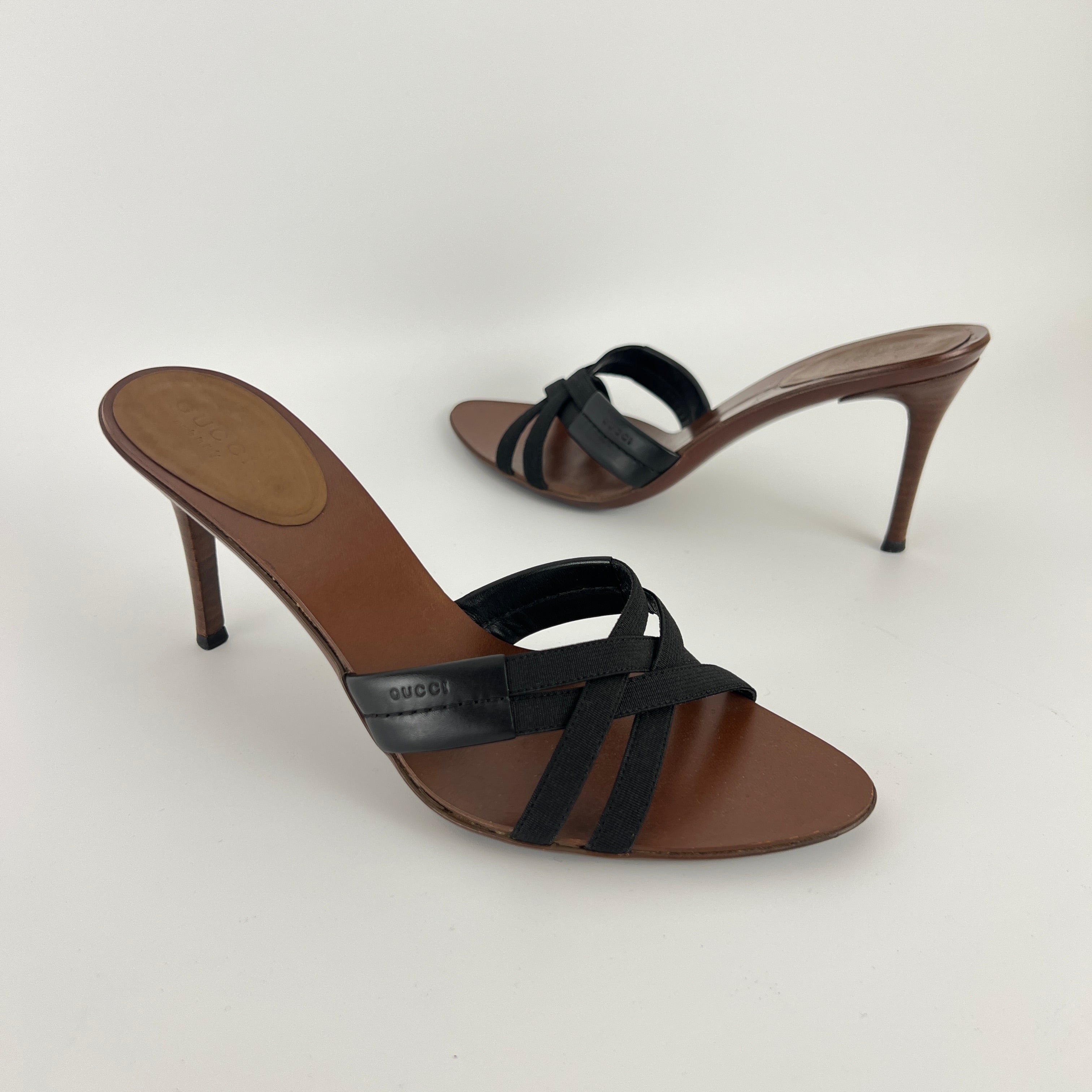 Gucci | Black Elastic Brown Leather Strappy Sandal Stiletto Mules (37)