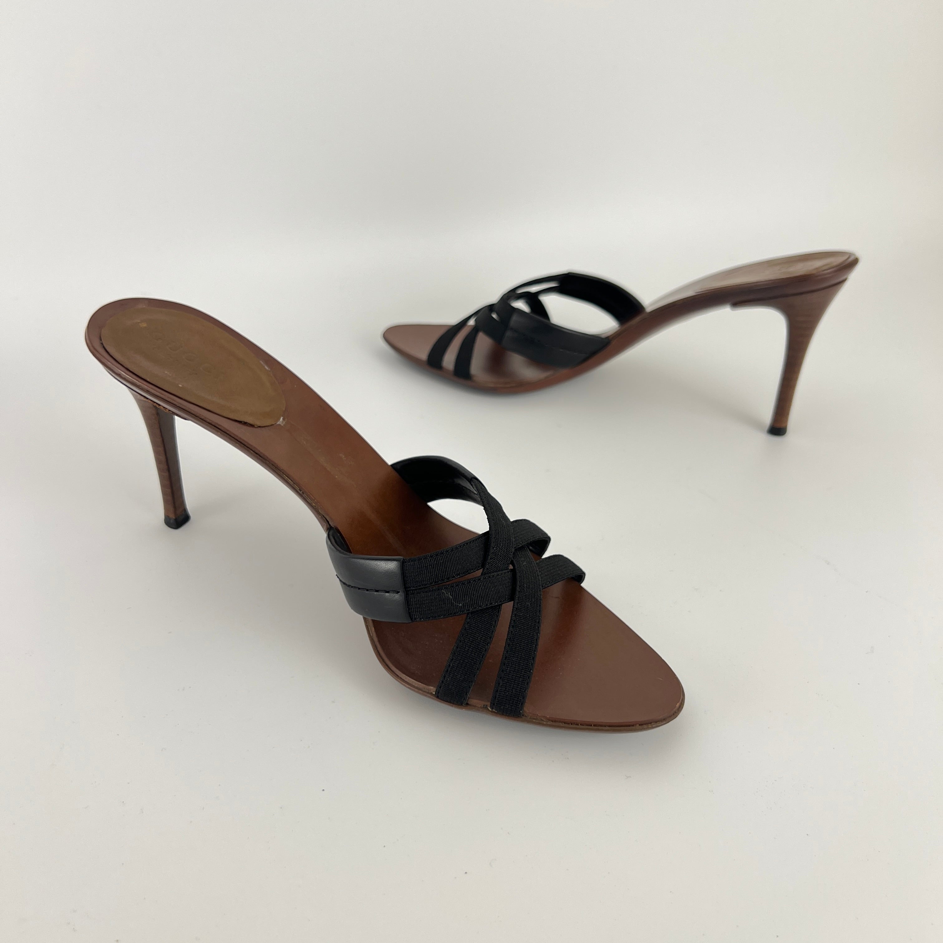 Gucci | Black Elastic Brown Leather Strappy Sandal Stiletto Mules (37)