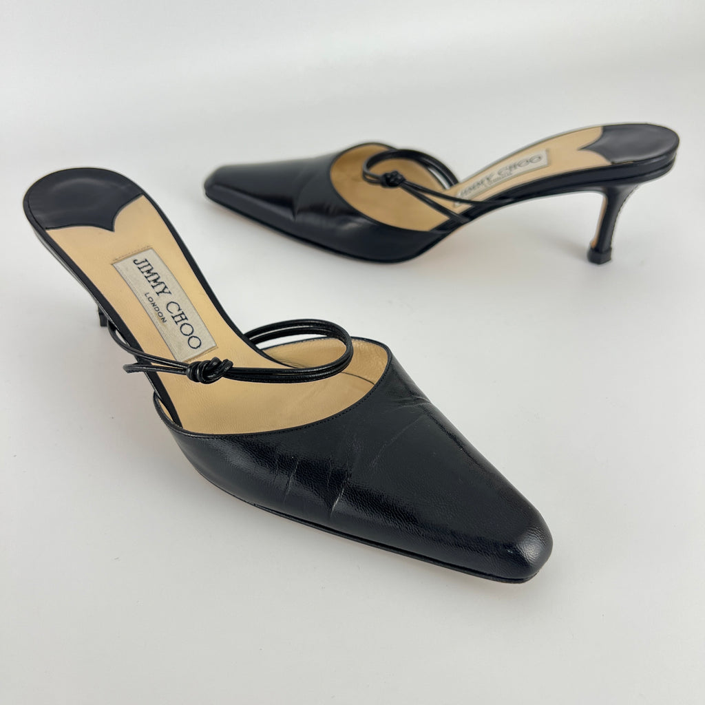 Jimmy Choo | Black Pointed Toe Knotted Strap Mid Heel Mules (37)