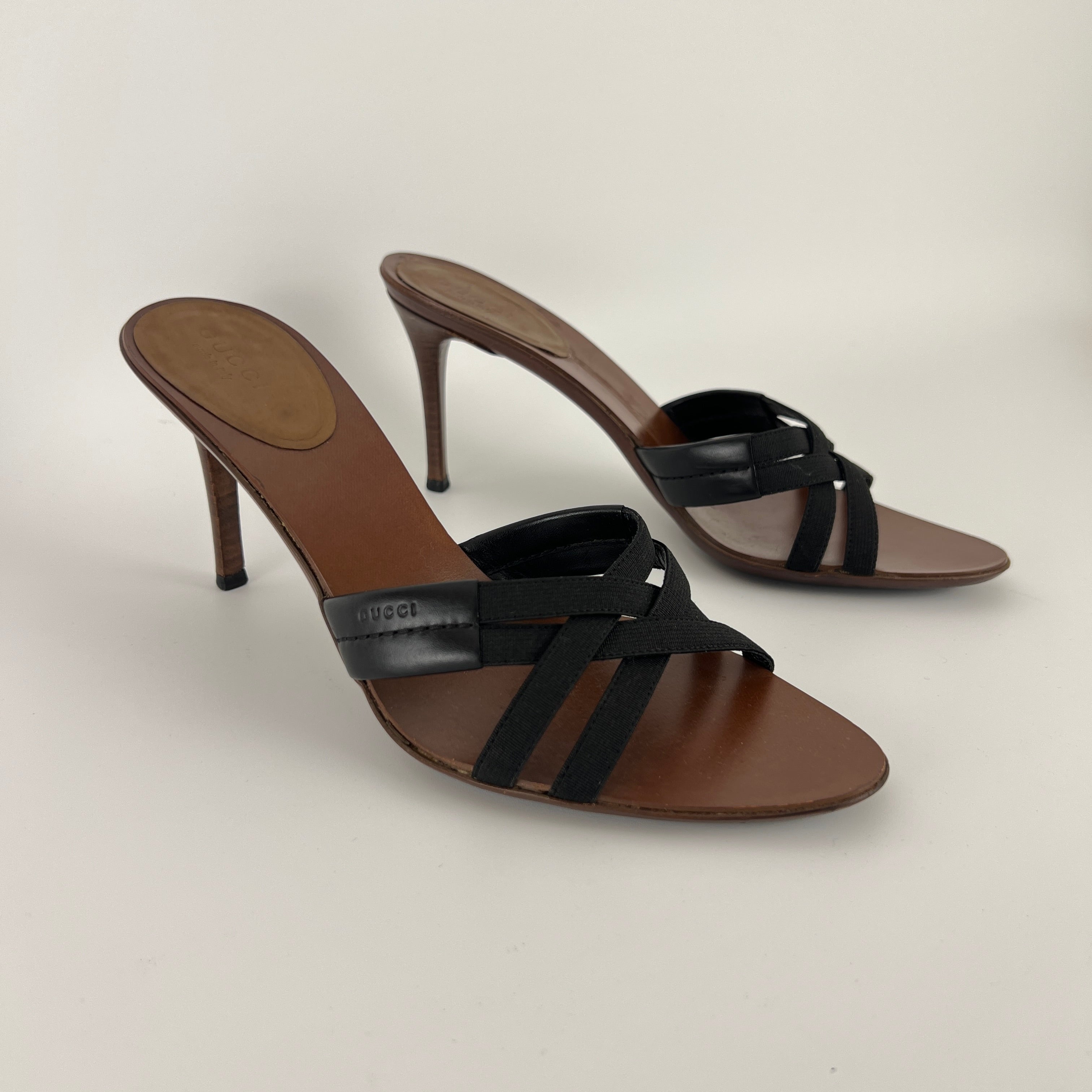 Gucci | Black Elastic Brown Leather Strappy Sandal Stiletto Mules (37)