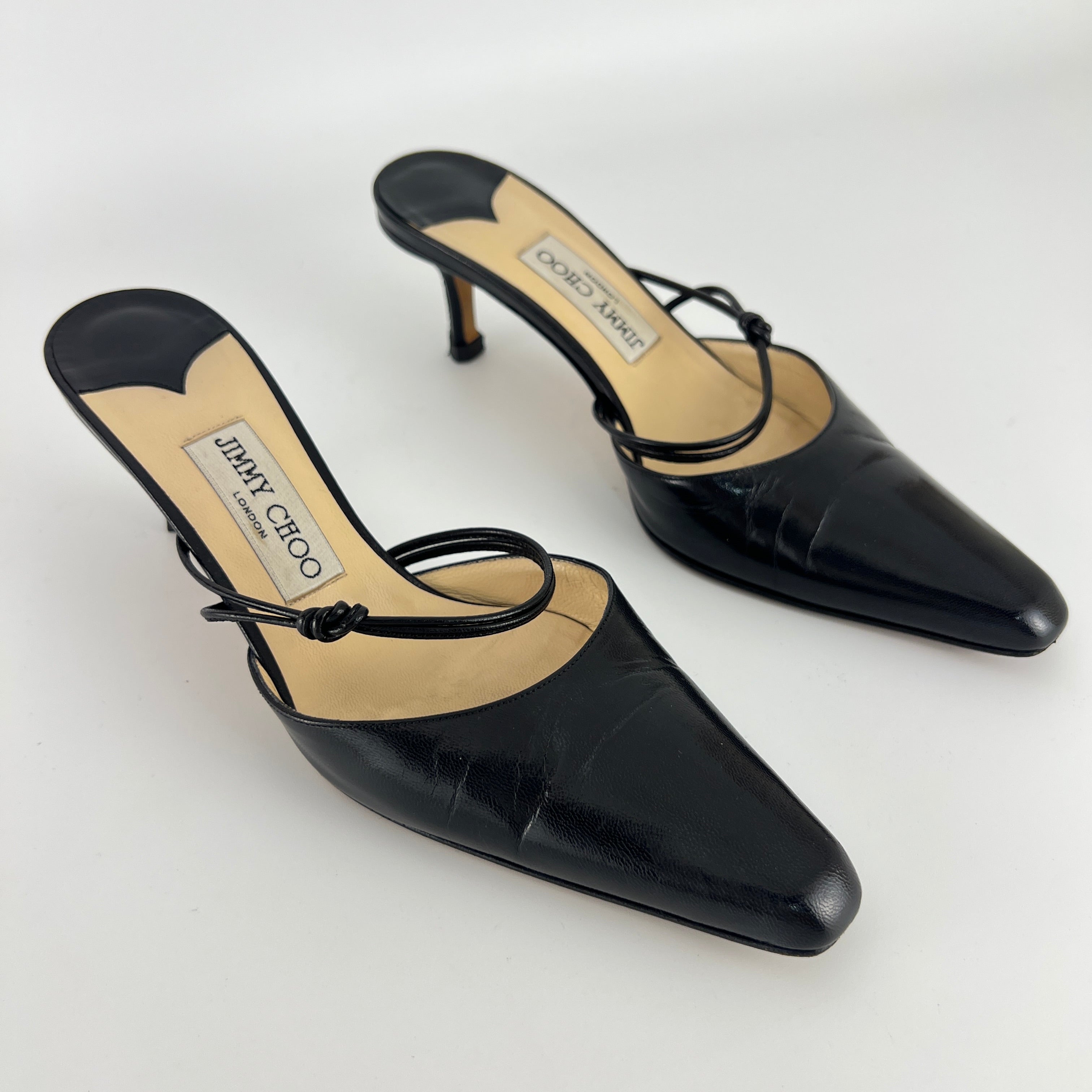 Jimmy Choo | Black Pointed Toe Knotted Strap Mid Heel Mules (37)