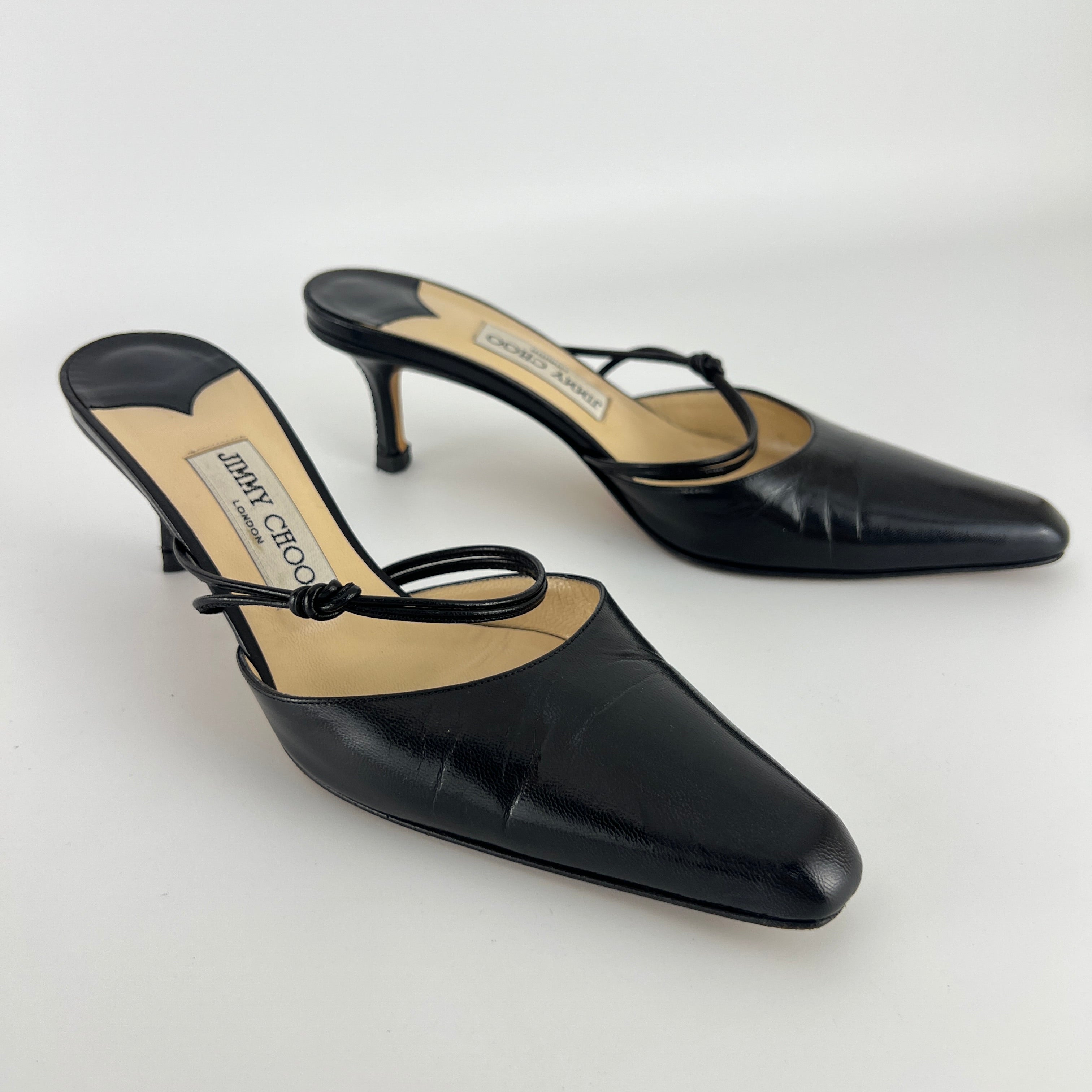 Jimmy Choo | Black Pointed Toe Knotted Strap Mid Heel Mules (37)