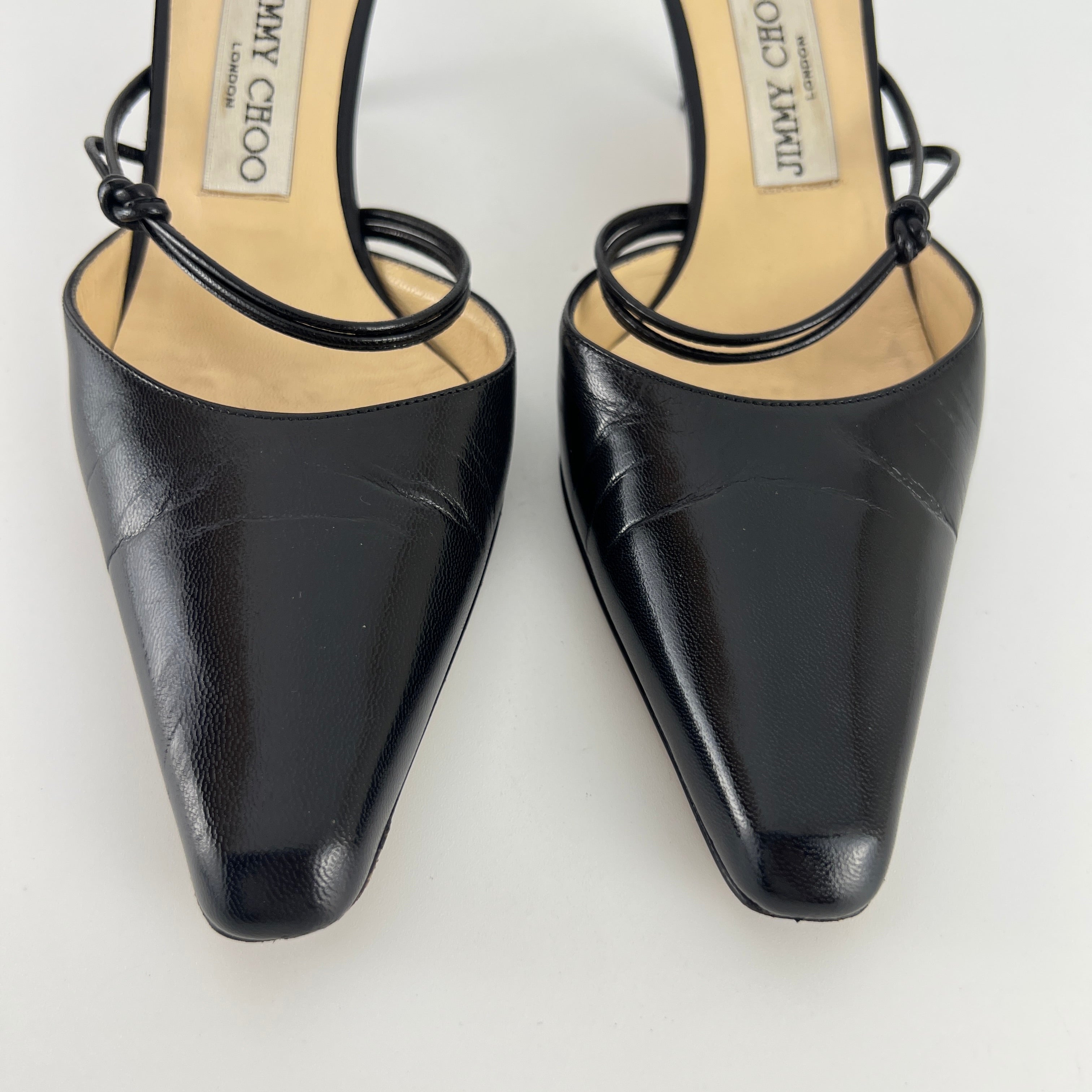 Jimmy Choo | Black Pointed Toe Knotted Strap Mid Heel Mules (37)