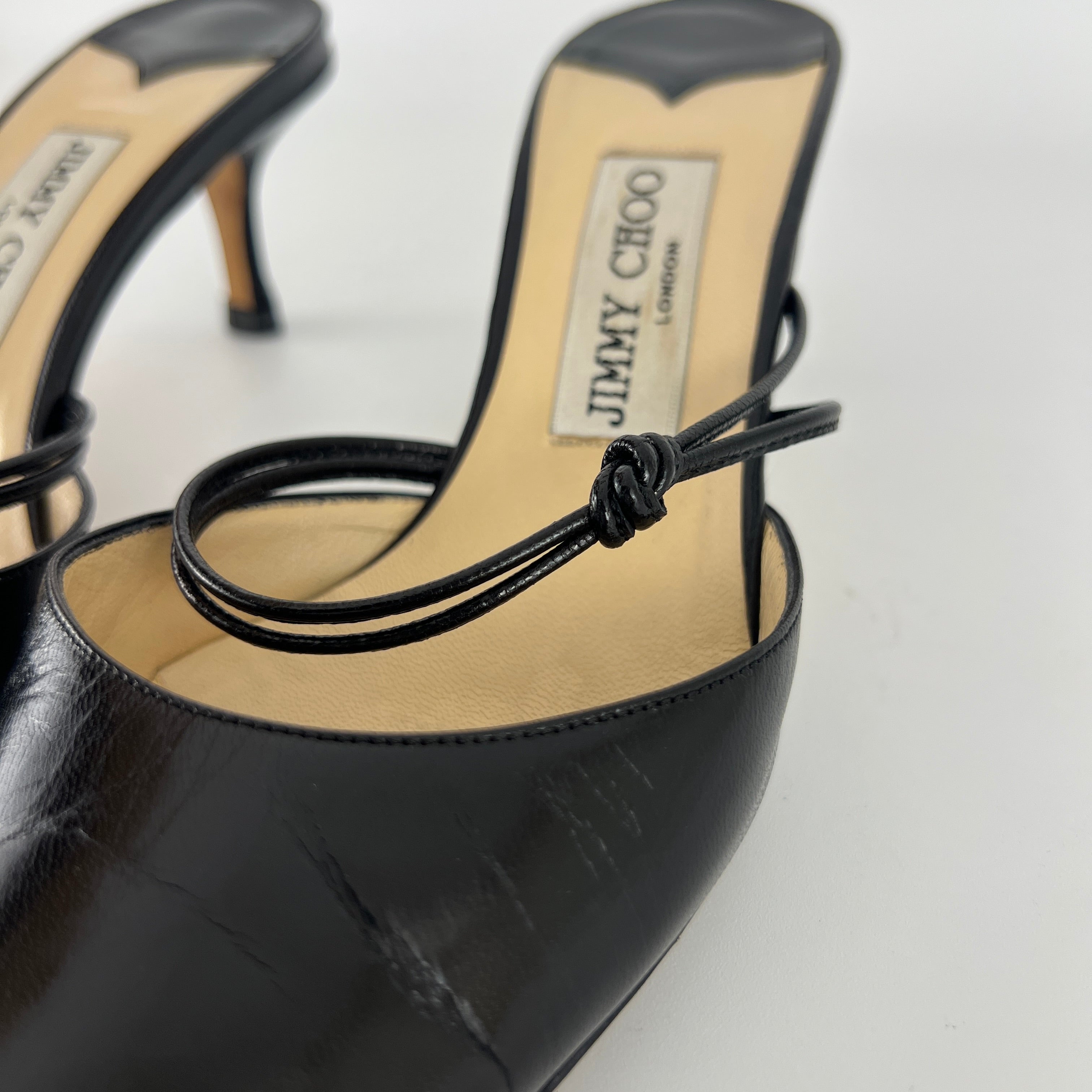 Jimmy Choo | Black Pointed Toe Knotted Strap Mid Heel Mules (37)