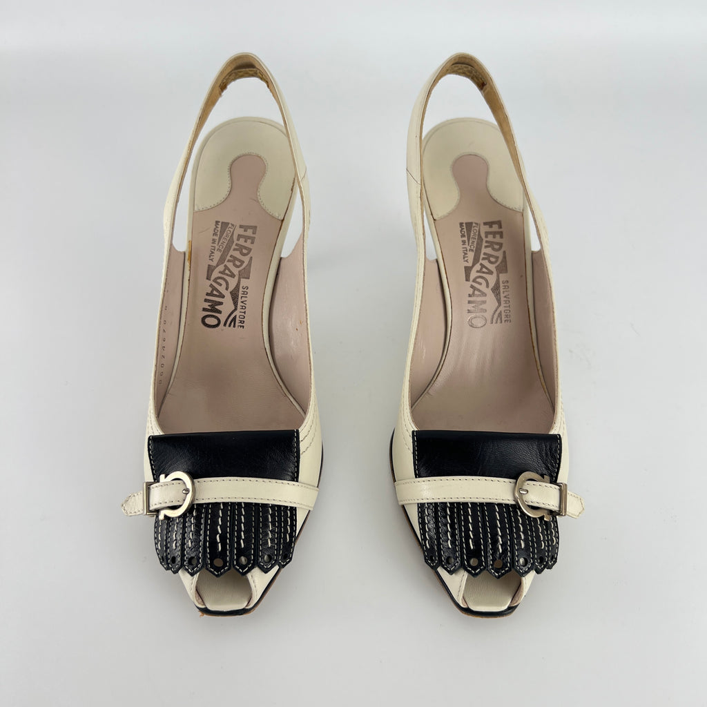 Ferragamo | White Brogue Tassel Slingback Peep Toe Silver Hardware Heels (37)