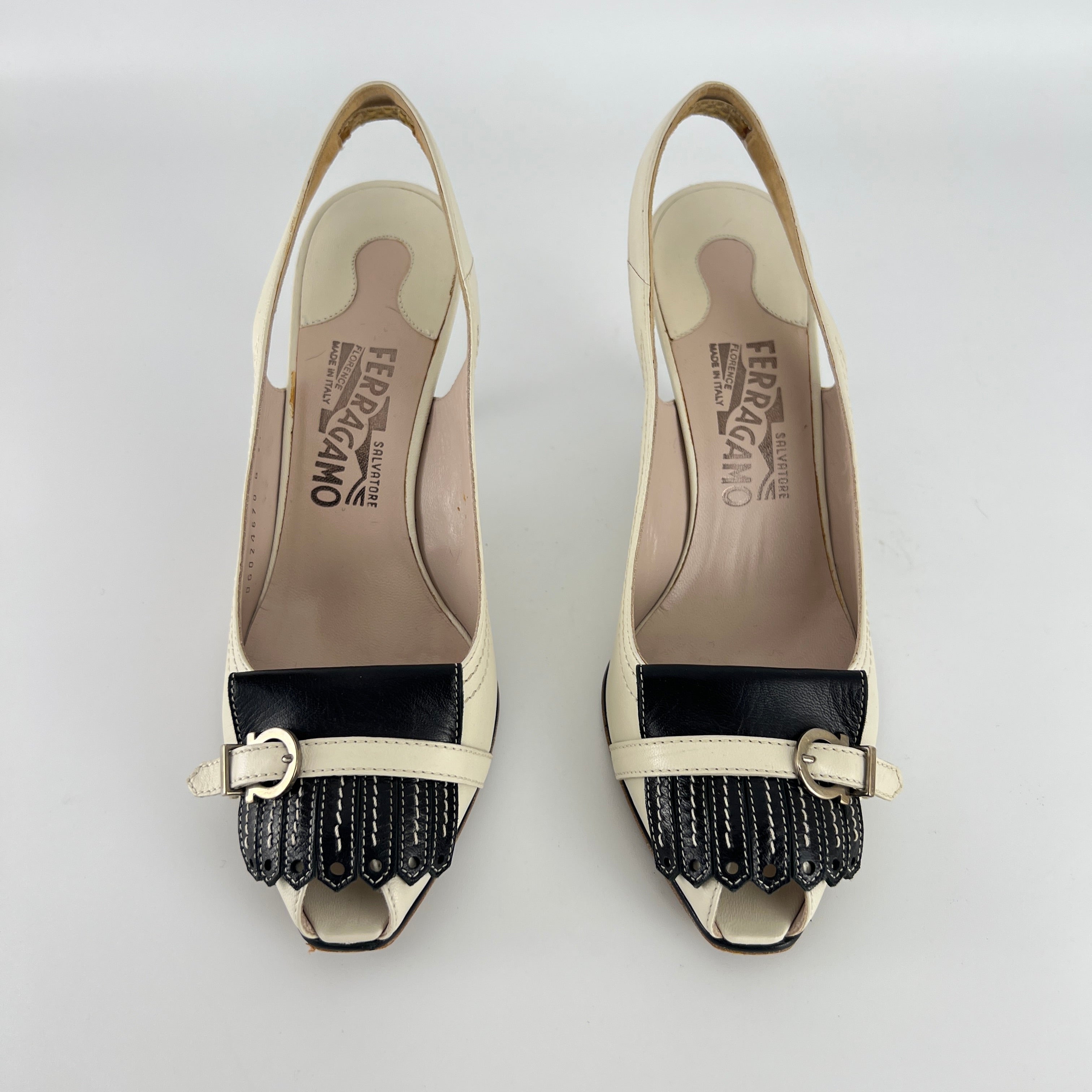Ferragamo | White Brogue Tassel Slingback Peep Toe Silver Hardware Heels (37)