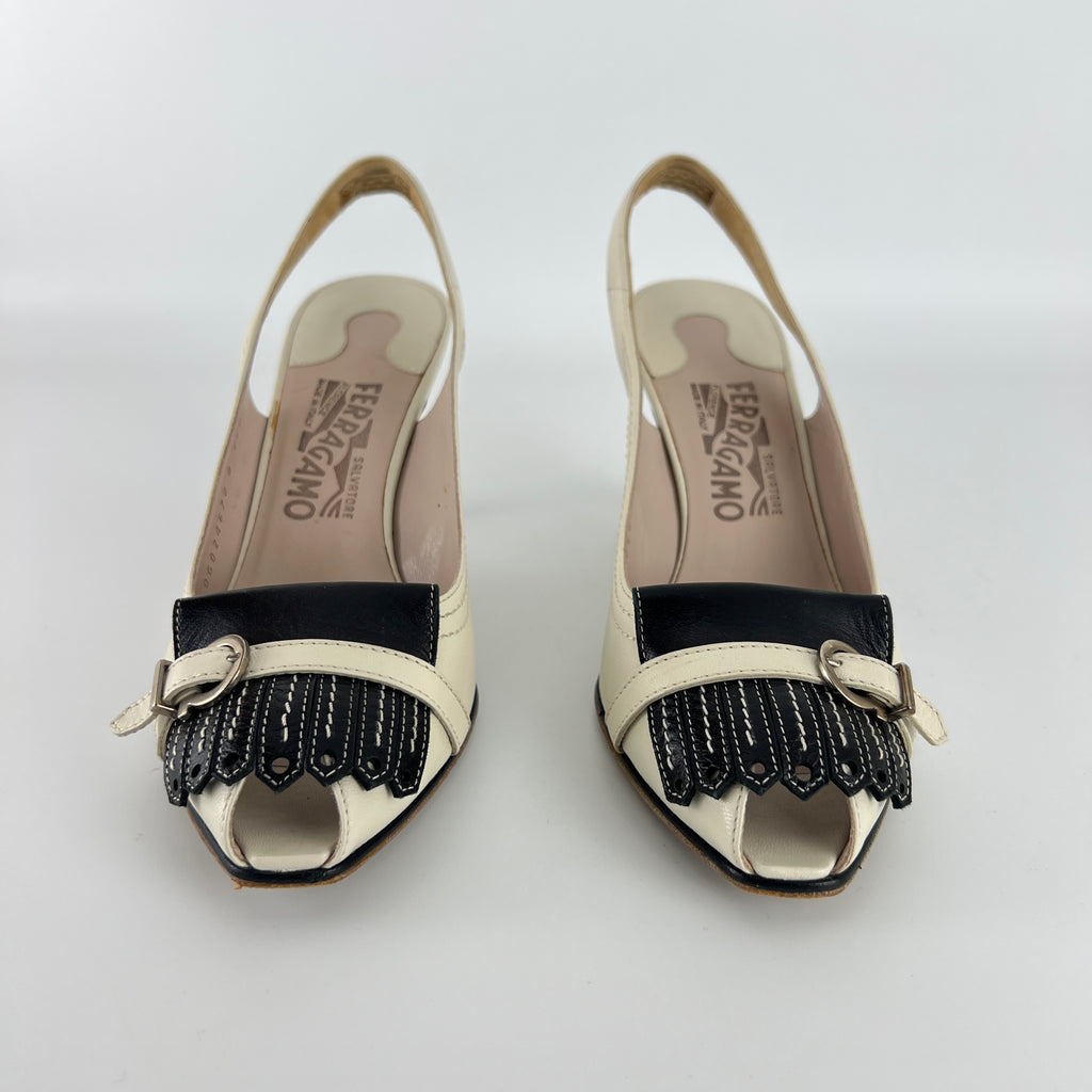 Ferragamo | White Brogue Tassel Slingback Peep Toe Silver Hardware Heels (37)