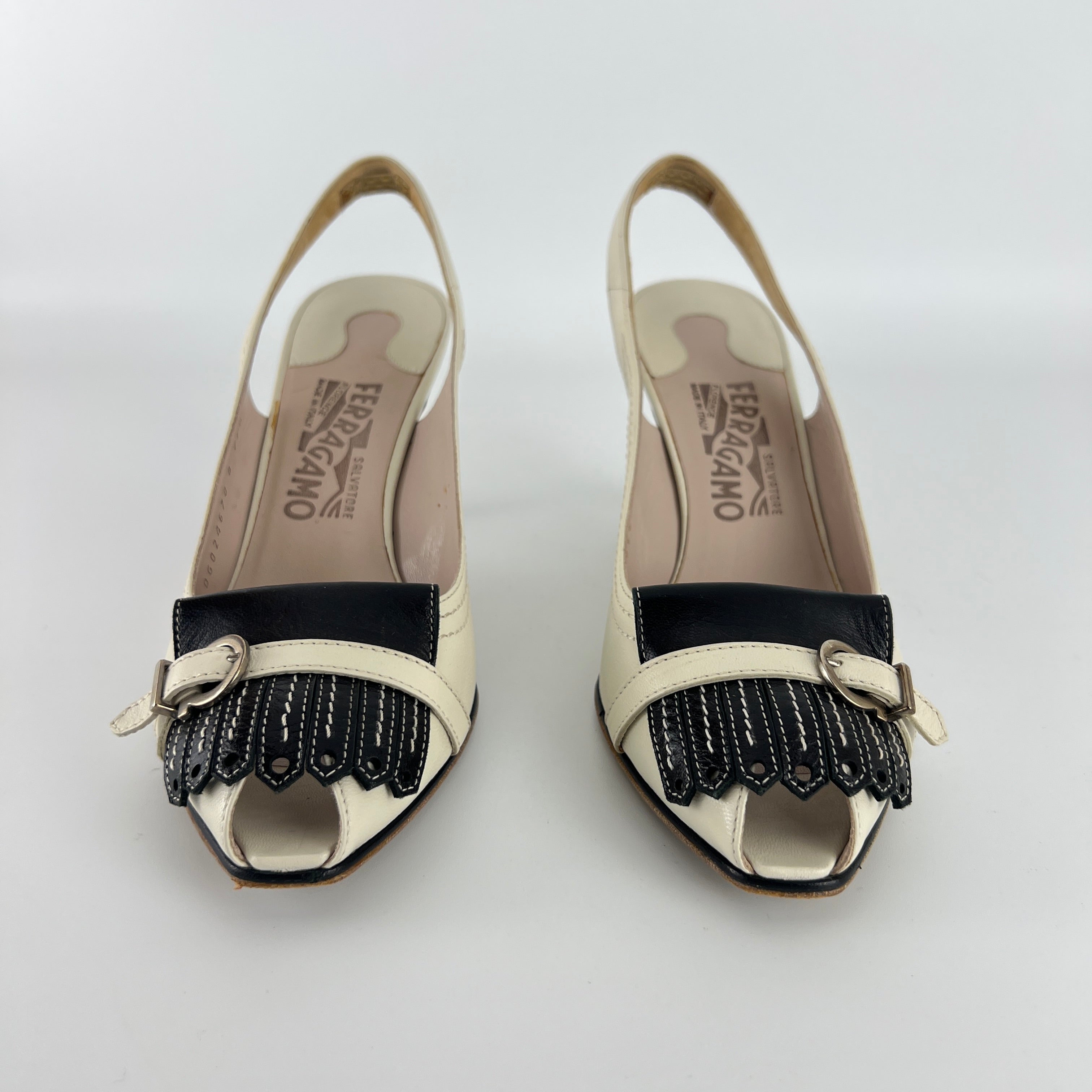 Ferragamo | White Brogue Tassel Slingback Peep Toe Silver Hardware Heels (37)