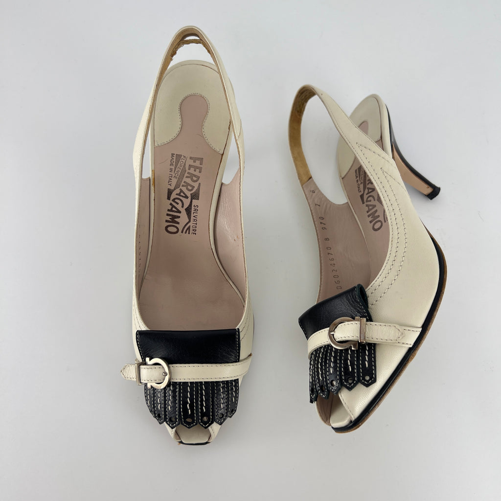 Ferragamo | White Brogue Tassel Slingback Peep Toe Silver Hardware Heels (37)