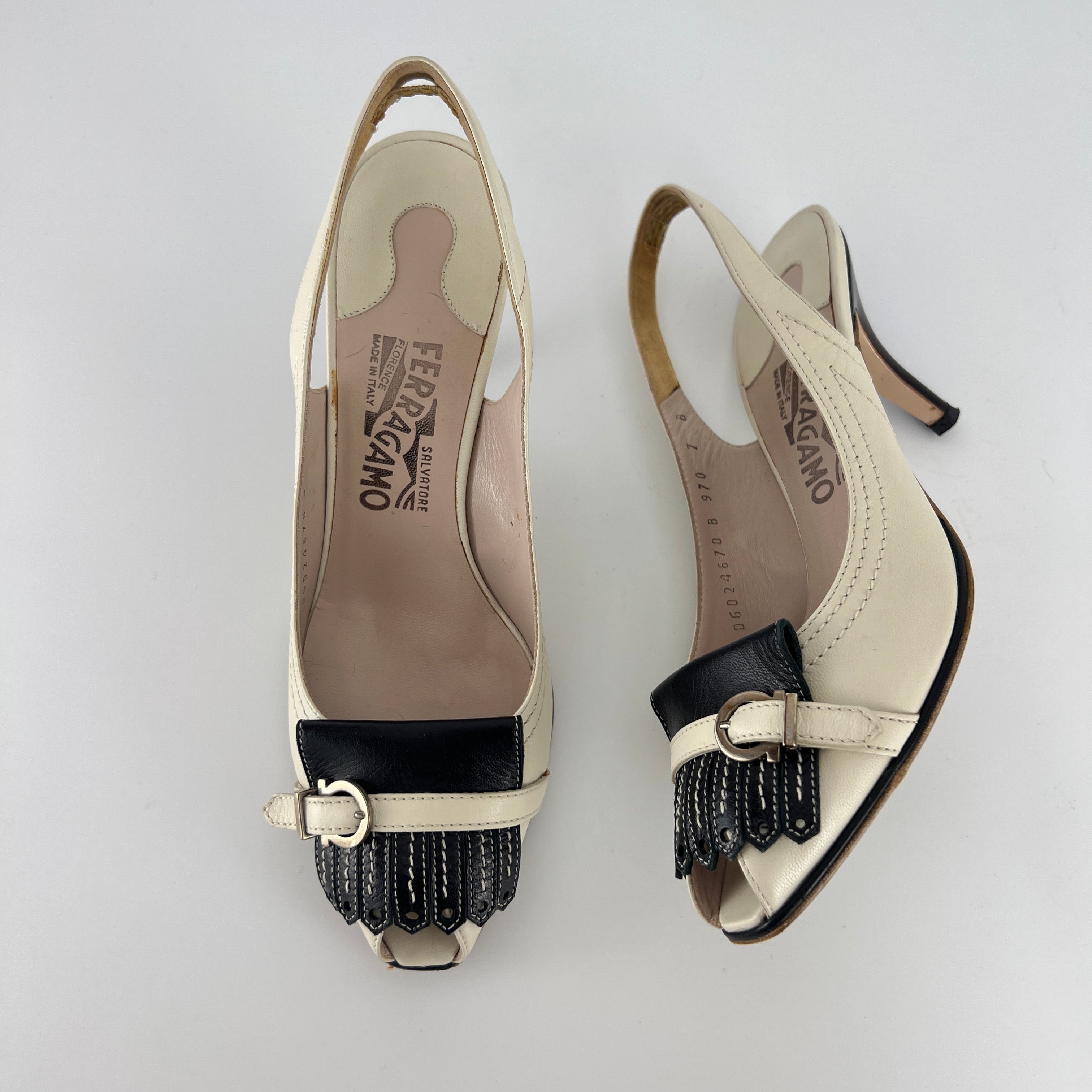 Ferragamo | White Brogue Tassel Slingback Peep Toe Silver Hardware Heels (37)