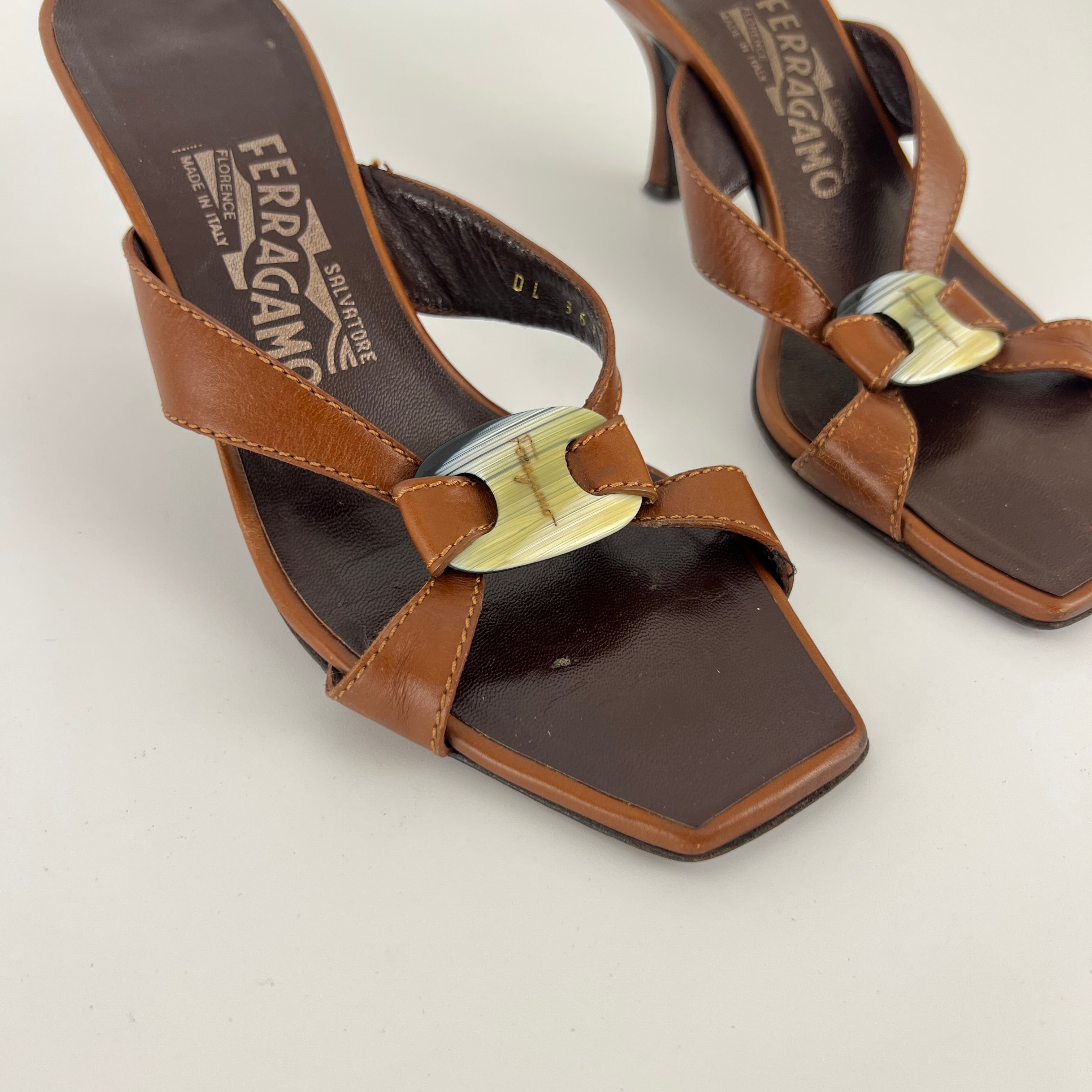 Ferragamo | Brown Leather Logo Double Strap Sandal Stiletto Mules (36.5)
