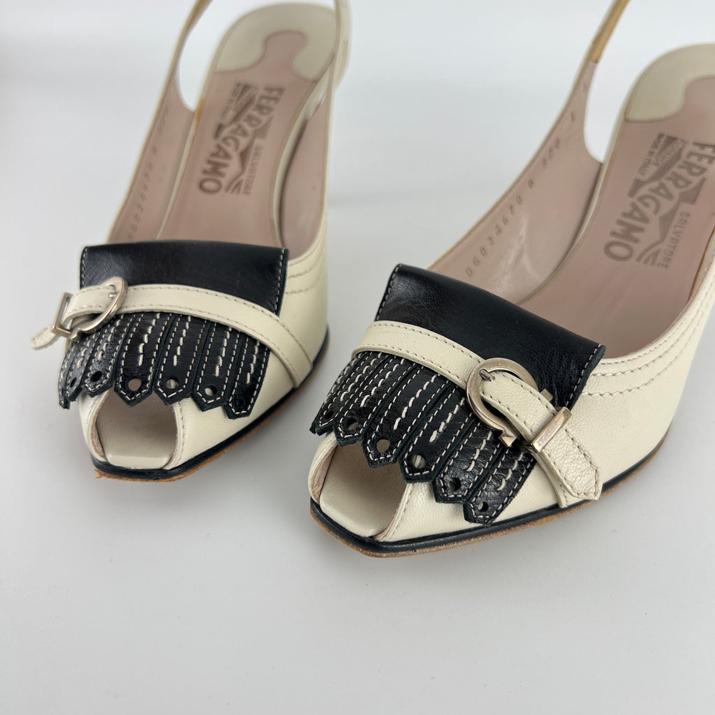 Ferragamo | White Brogue Tassel Slingback Peep Toe Silver Hardware Heels (37)