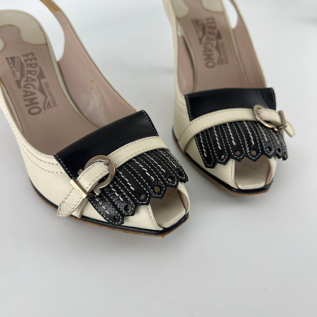 Ferragamo | White Brogue Tassel Slingback Peep Toe Silver Hardware Heels (37)