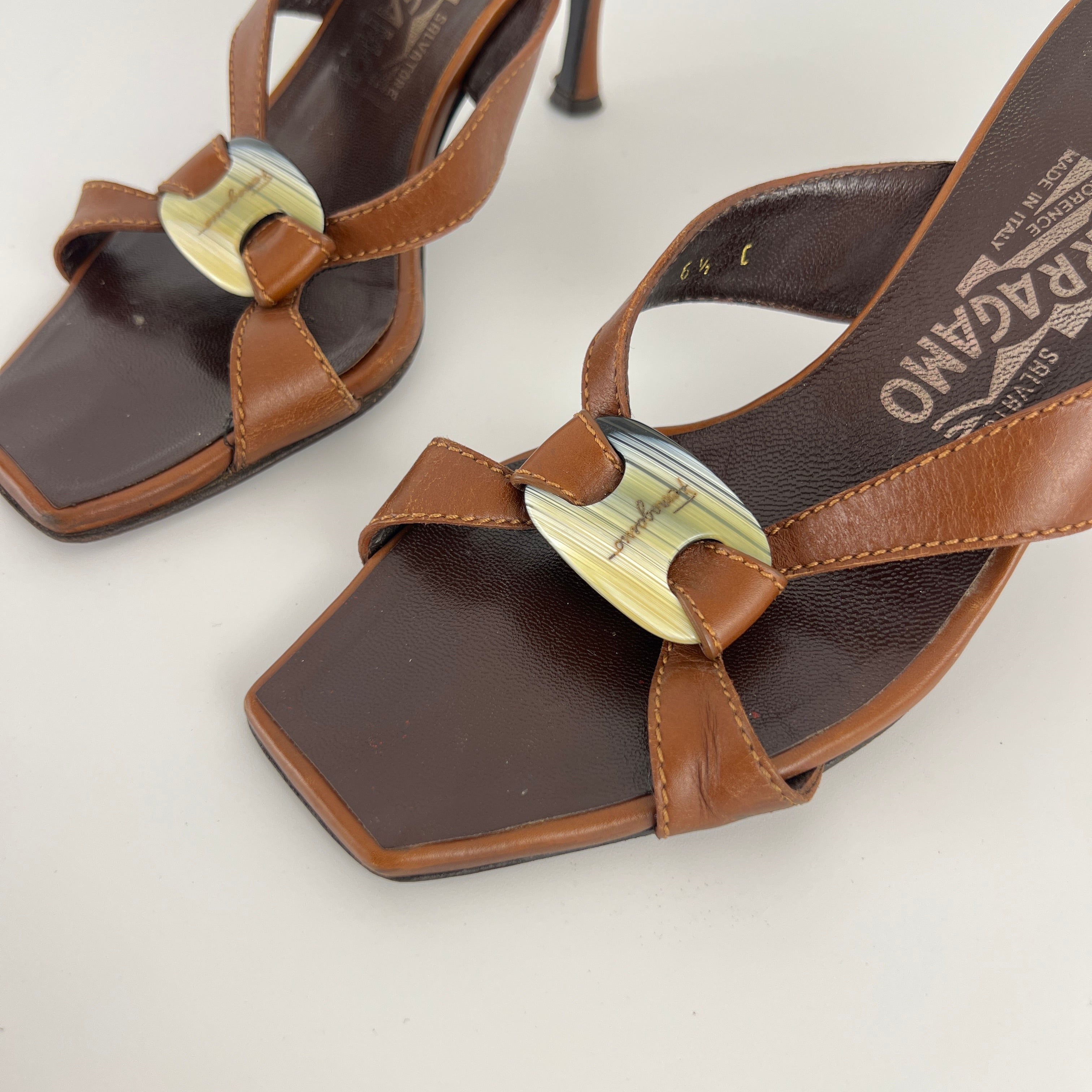 Ferragamo | Brown Leather Logo Double Strap Sandal Stiletto Mules (36.5)