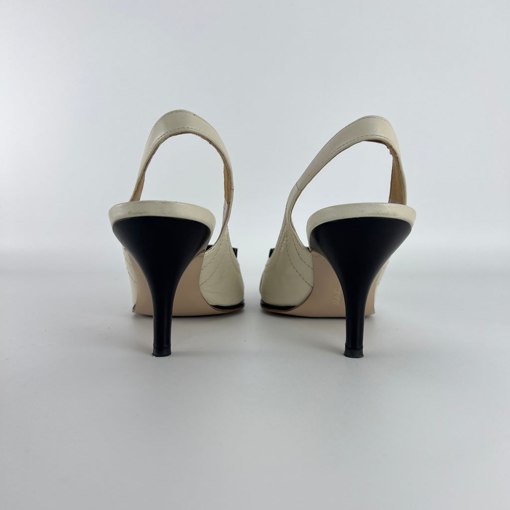 Ferragamo | White Brogue Tassel Slingback Peep Toe Silver Hardware Heels (37)
