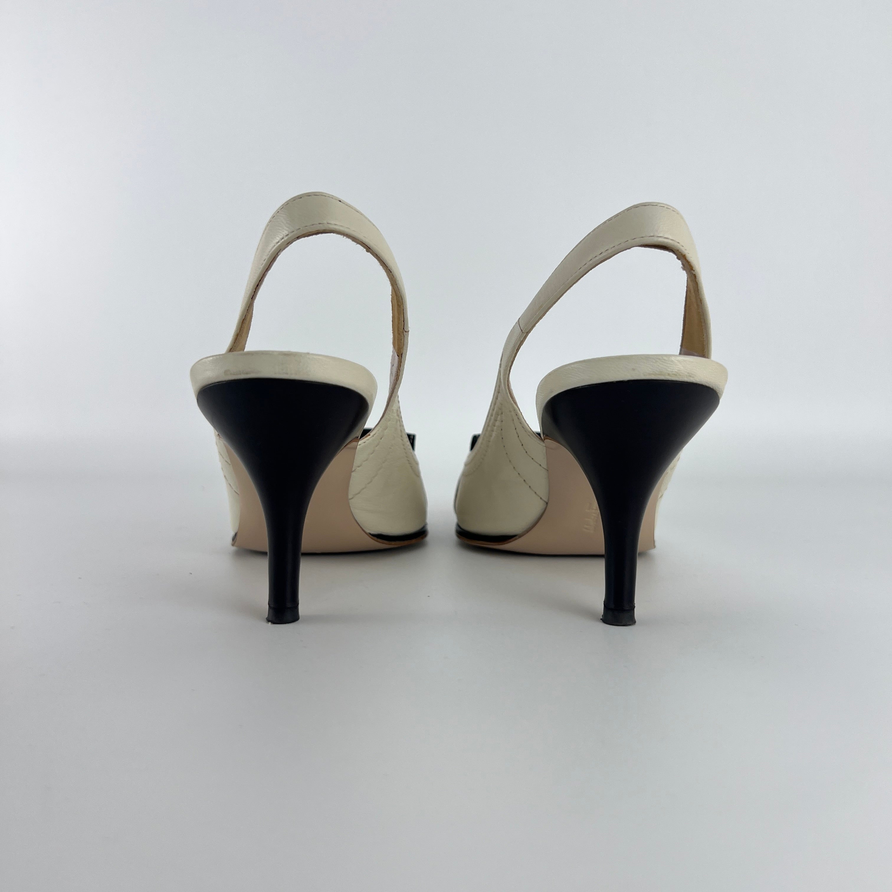 Ferragamo | White Brogue Tassel Slingback Peep Toe Silver Hardware Heels (37)