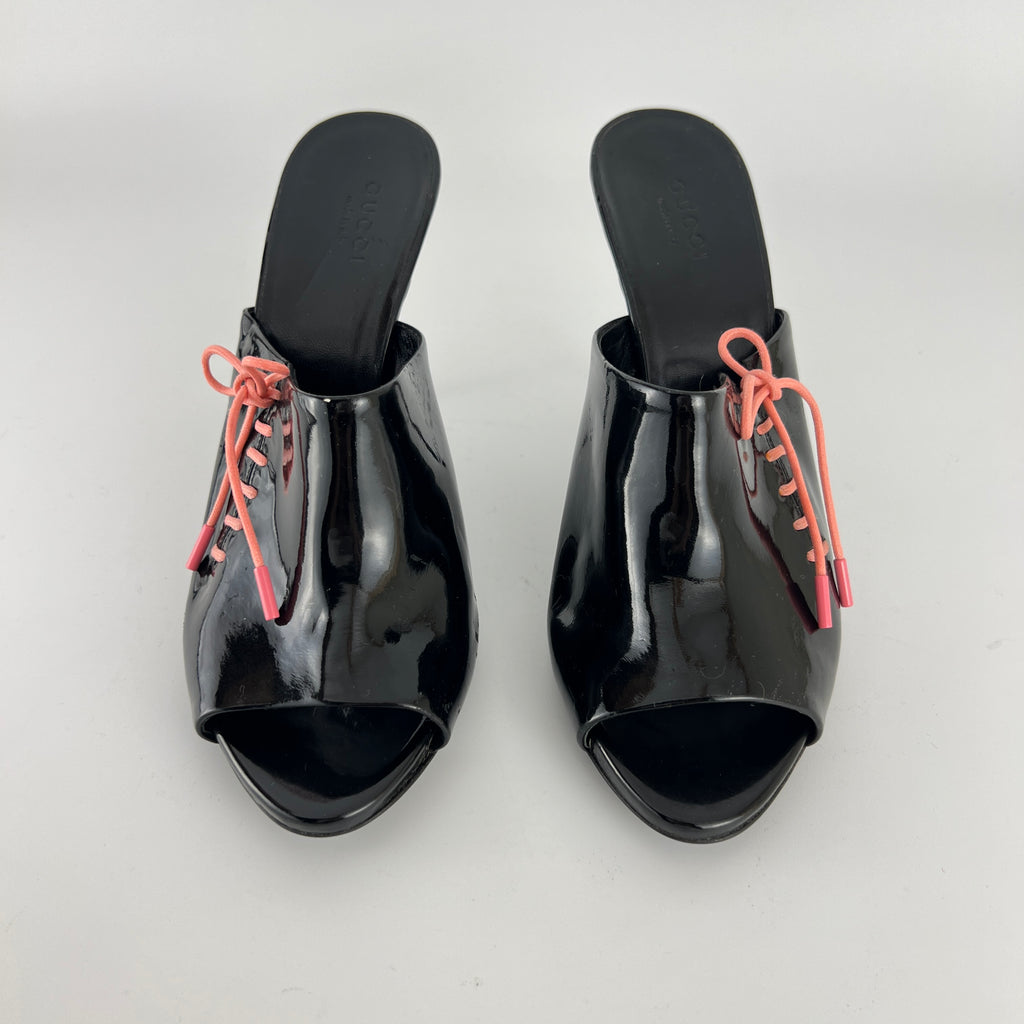 Gucci | Black Patent Leather Pink Lace Up Slide Mules (36.5)