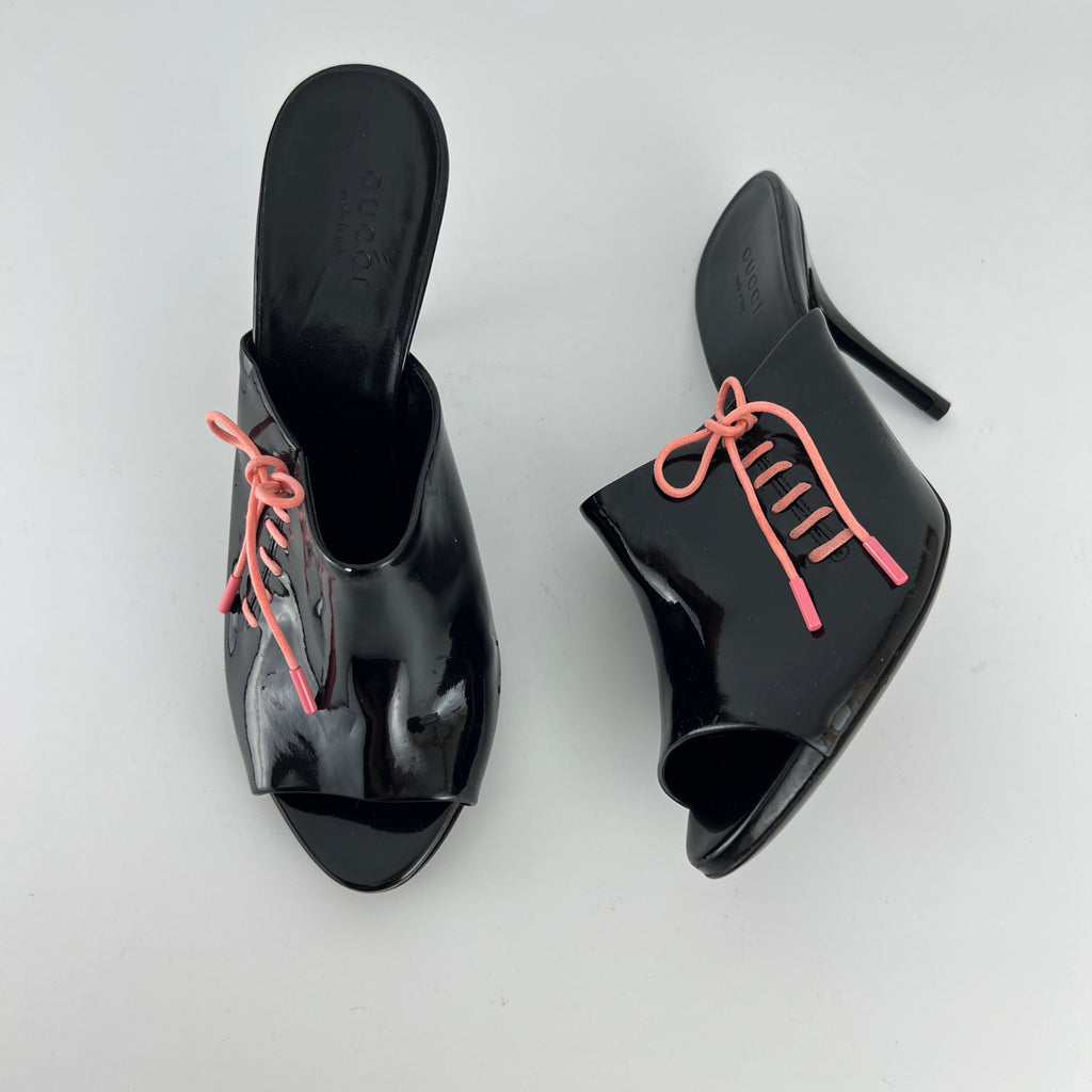 Gucci | Black Patent Leather Pink Lace Up Slide Mules (36.5)