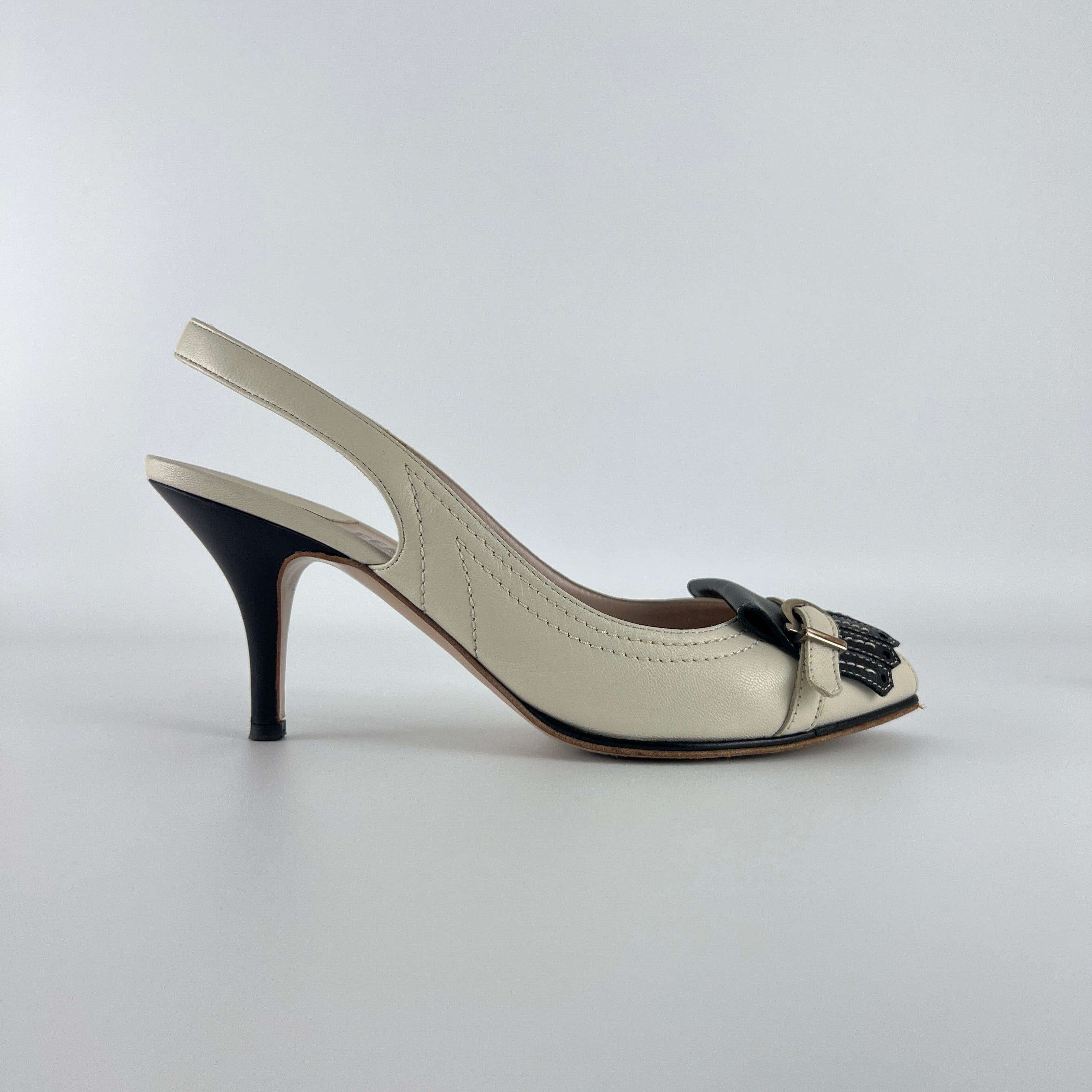 Ferragamo | White Brogue Tassel Slingback Peep Toe Silver Hardware Heels (37)