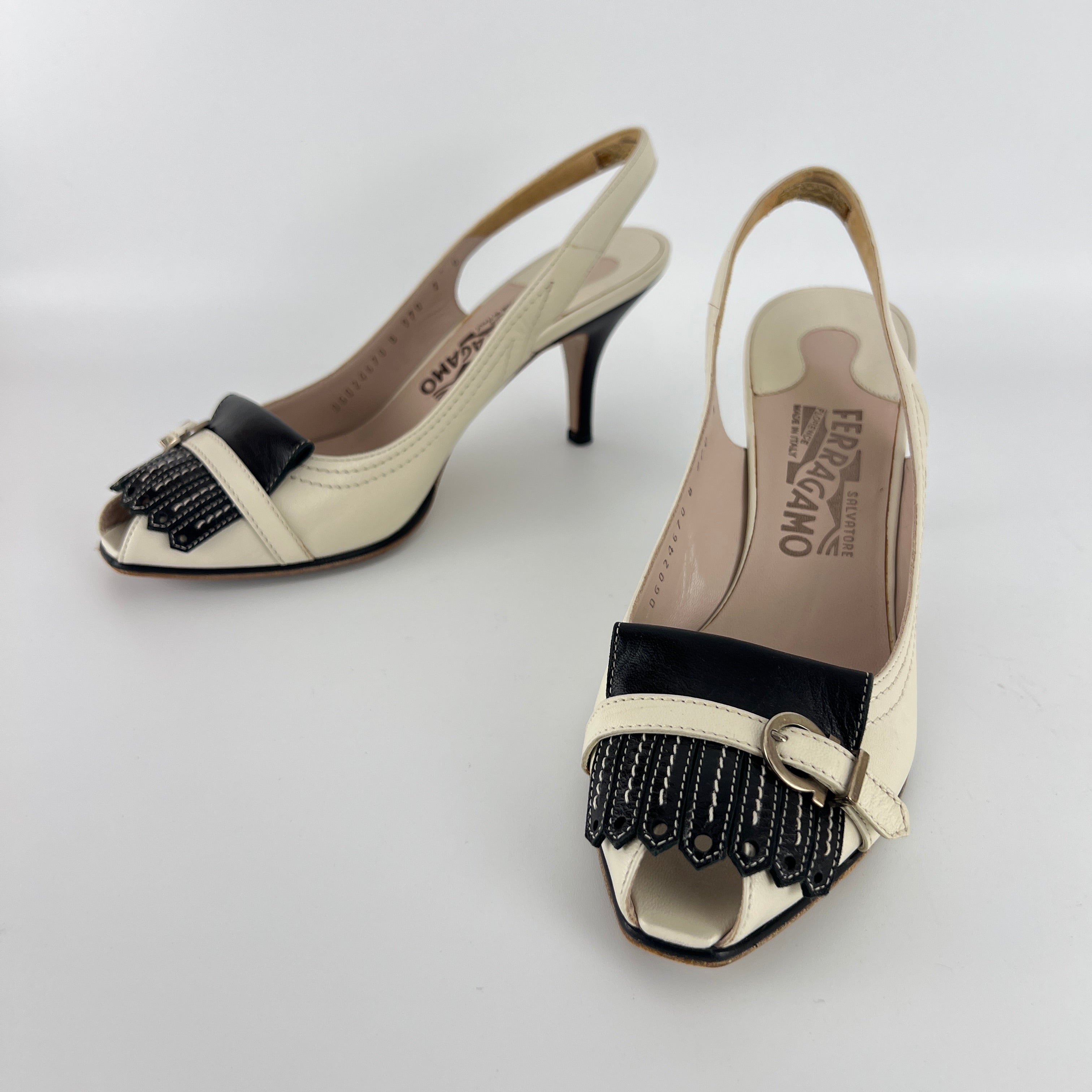 Ferragamo | White Brogue Tassel Slingback Peep Toe Silver Hardware Heels (37)