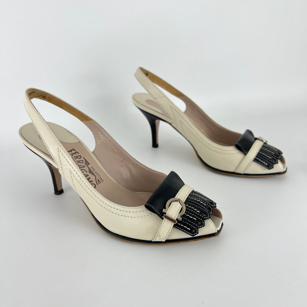 Ferragamo | White Brogue Tassel Slingback Peep Toe Silver Hardware Heels (37)