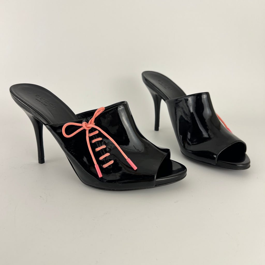 Gucci | Black Patent Leather Pink Lace Up Slide Mules (36.5)