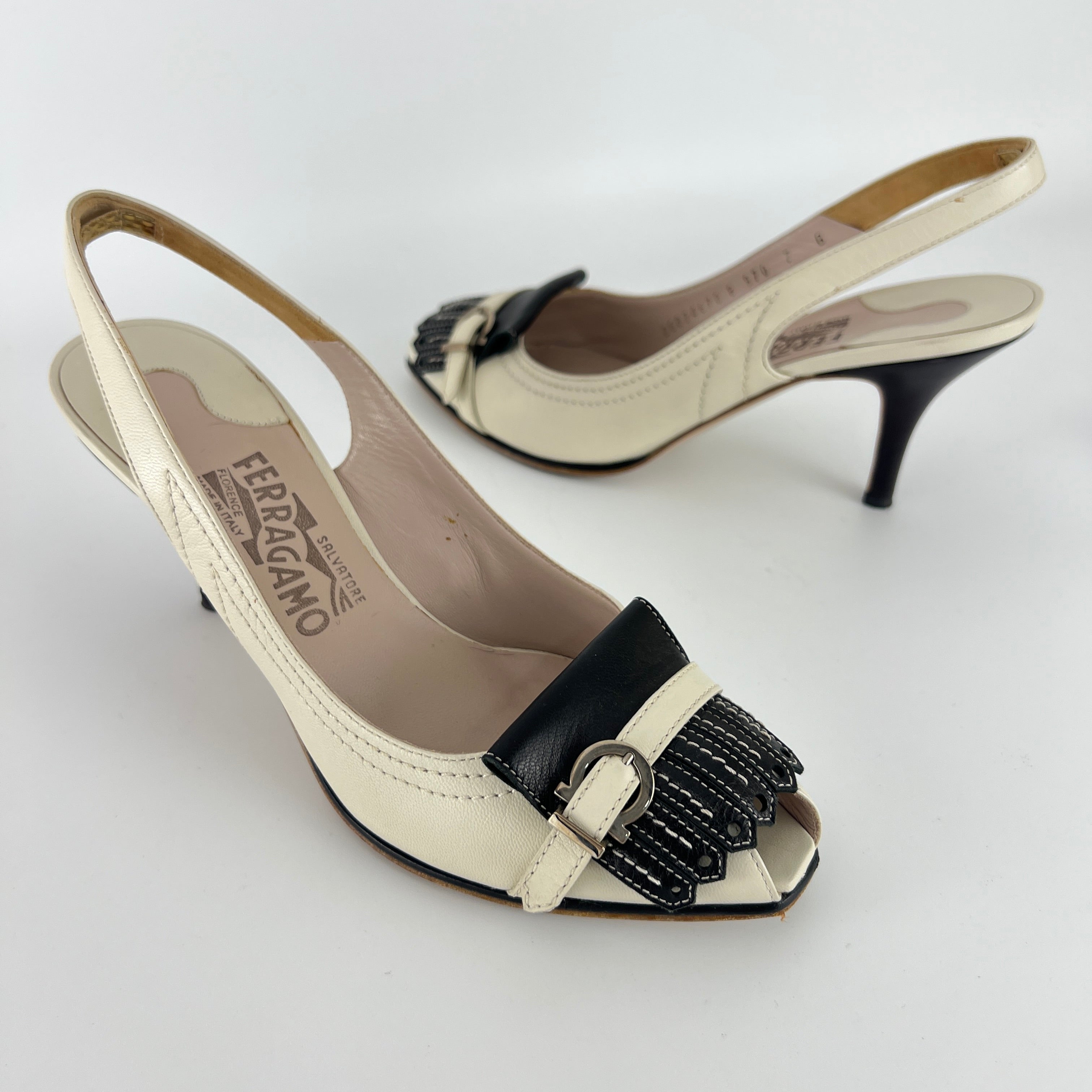 Ferragamo | White Brogue Tassel Slingback Peep Toe Silver Hardware Heels (37)