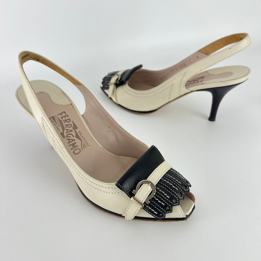 Ferragamo | White Brogue Tassel Slingback Peep Toe Silver Hardware Heels (37)