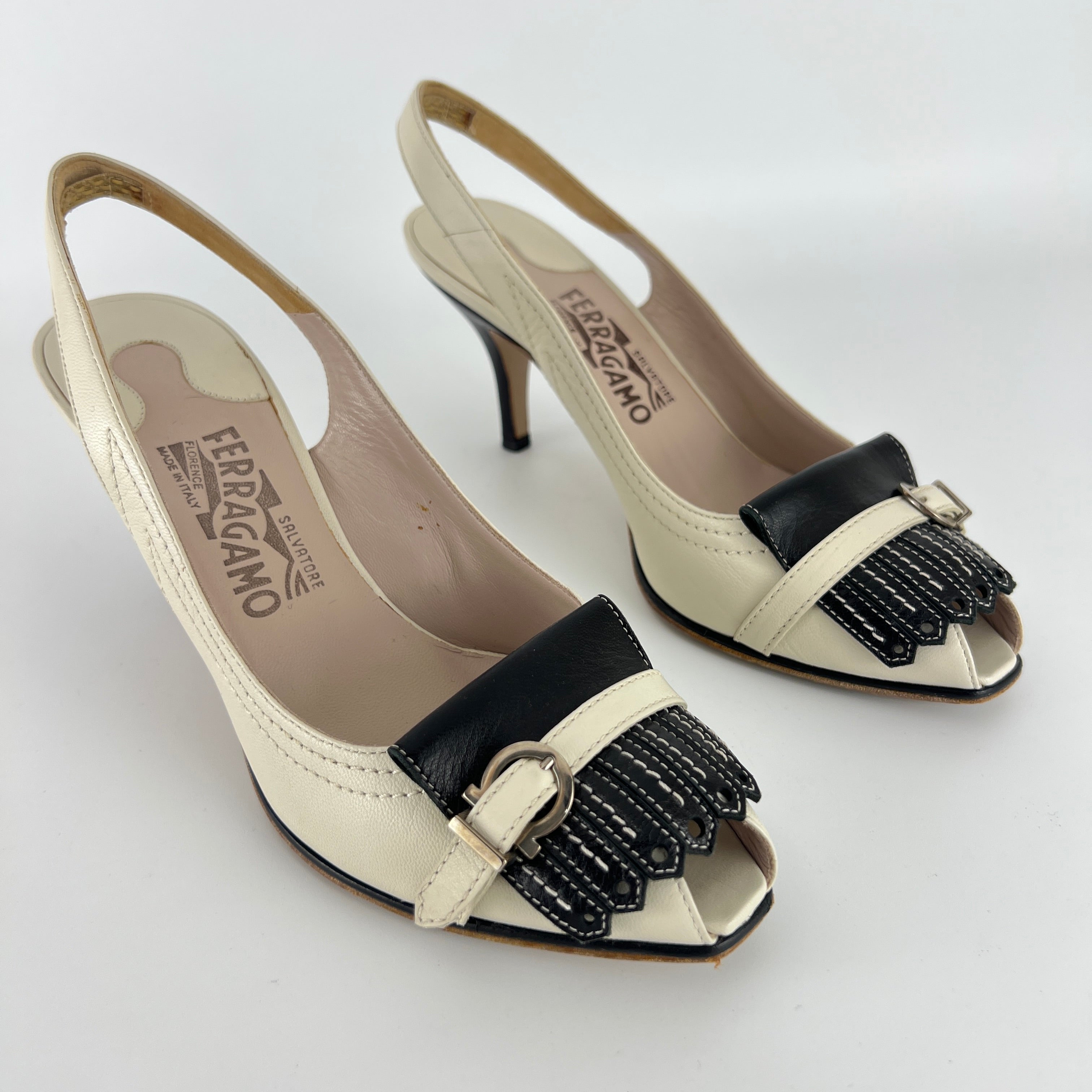 Ferragamo | White Brogue Tassel Slingback Peep Toe Silver Hardware Heels (37)