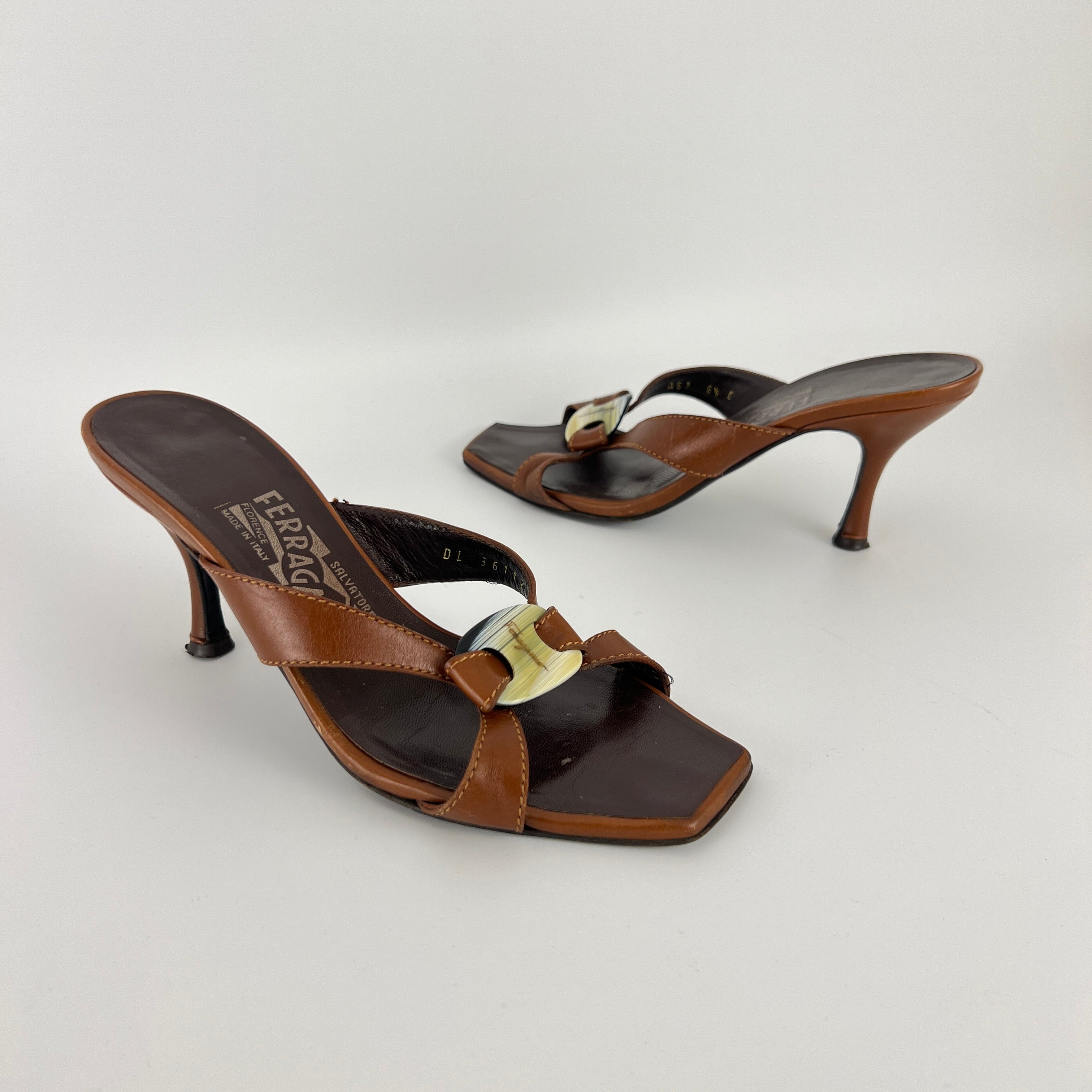 Ferragamo | Brown Leather Logo Double Strap Sandal Stiletto Mules (36.5)