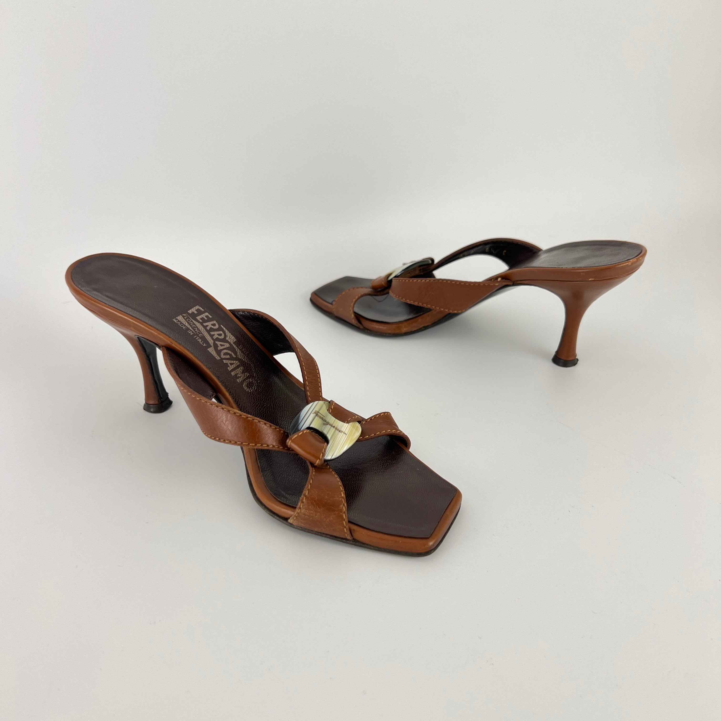 Ferragamo | Brown Leather Logo Double Strap Sandal Stiletto Mules (36.5)