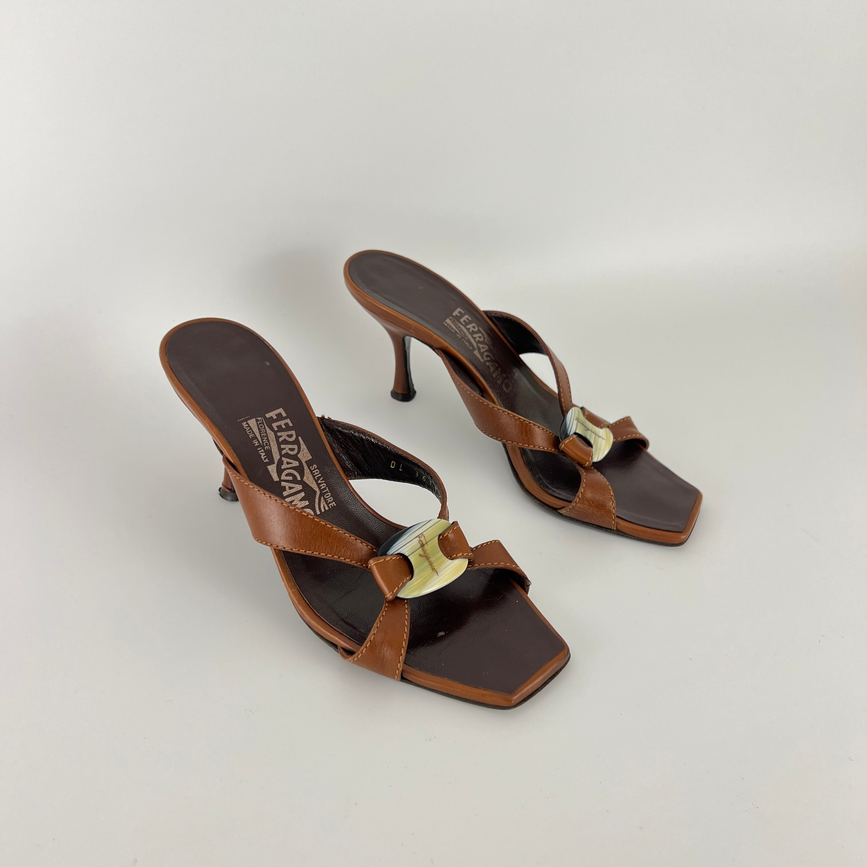 Ferragamo | Brown Leather Logo Double Strap Sandal Stiletto Mules (36.5)