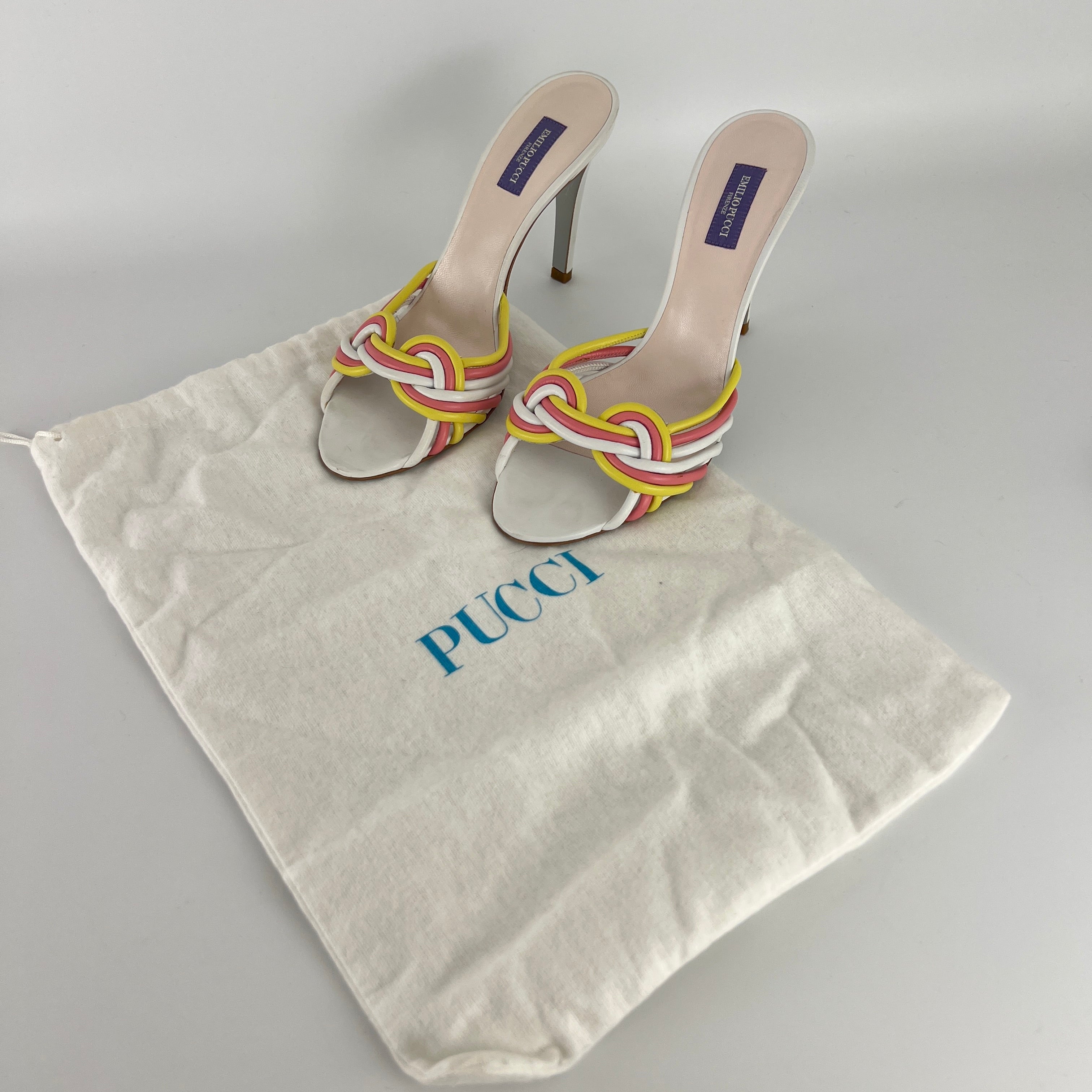 Pucci | Vintage Pink Yellow Twisted Straps Open Toe Mules (38)