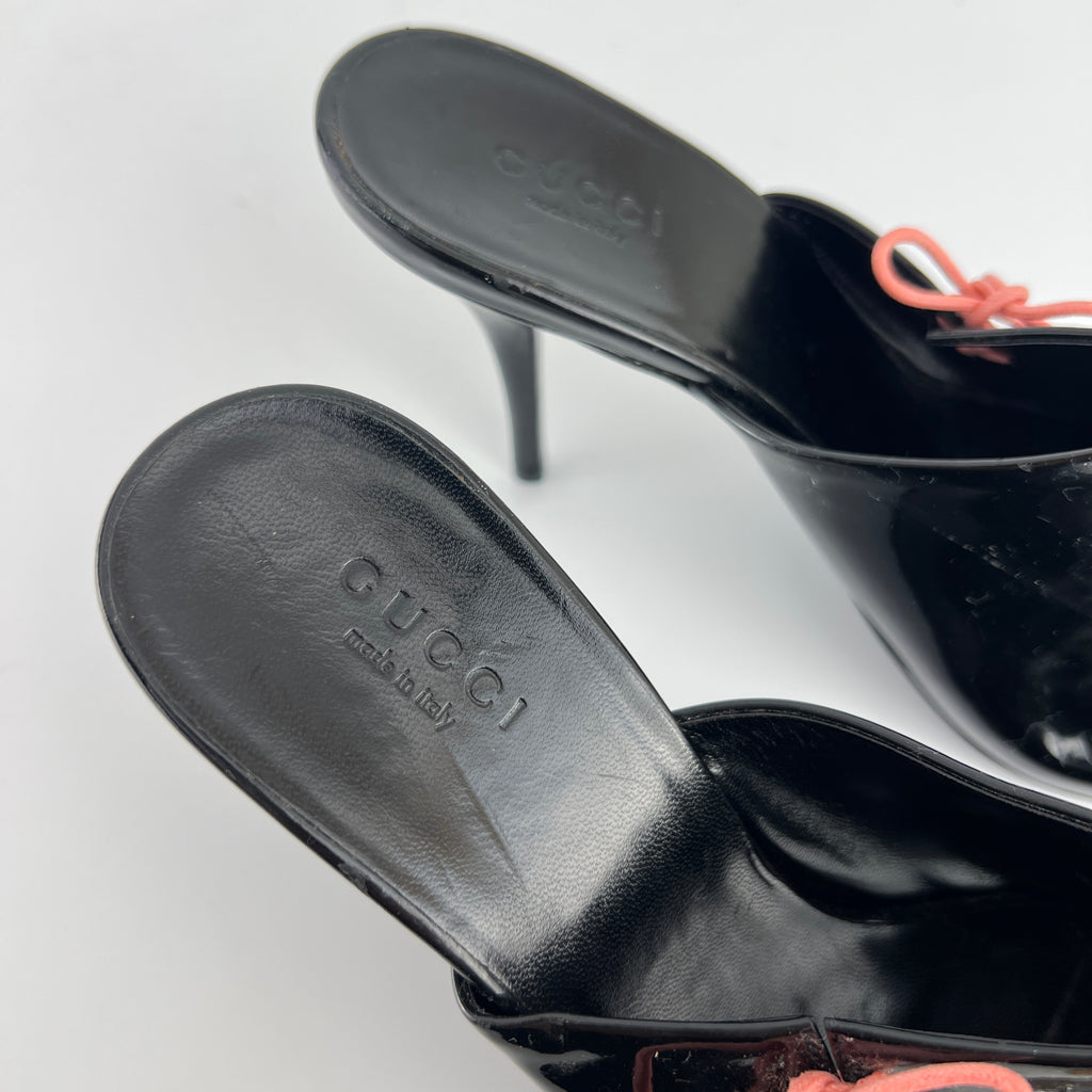 Gucci | Black Patent Leather Pink Lace Up Slide Mules (36.5)