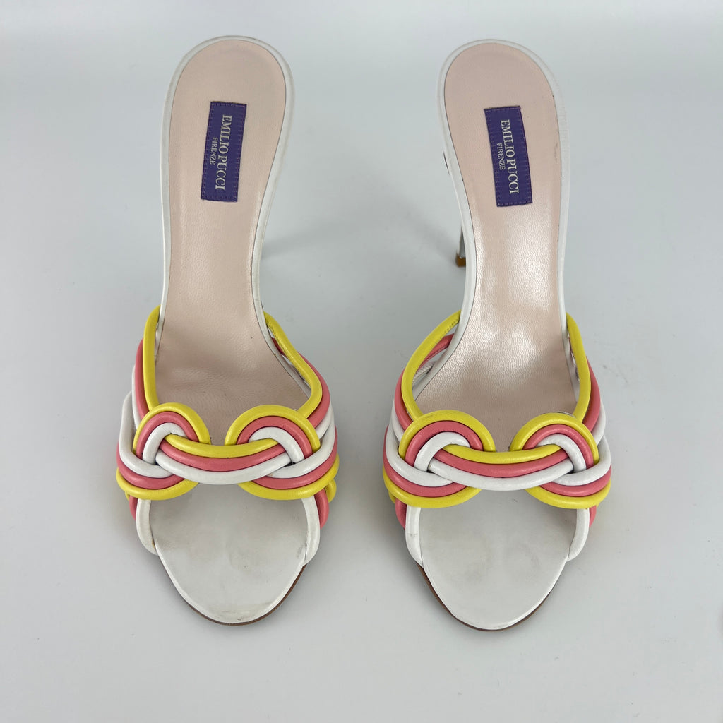 Pucci | Vintage Pink Yellow Twisted Straps Open Toe Mules (38)