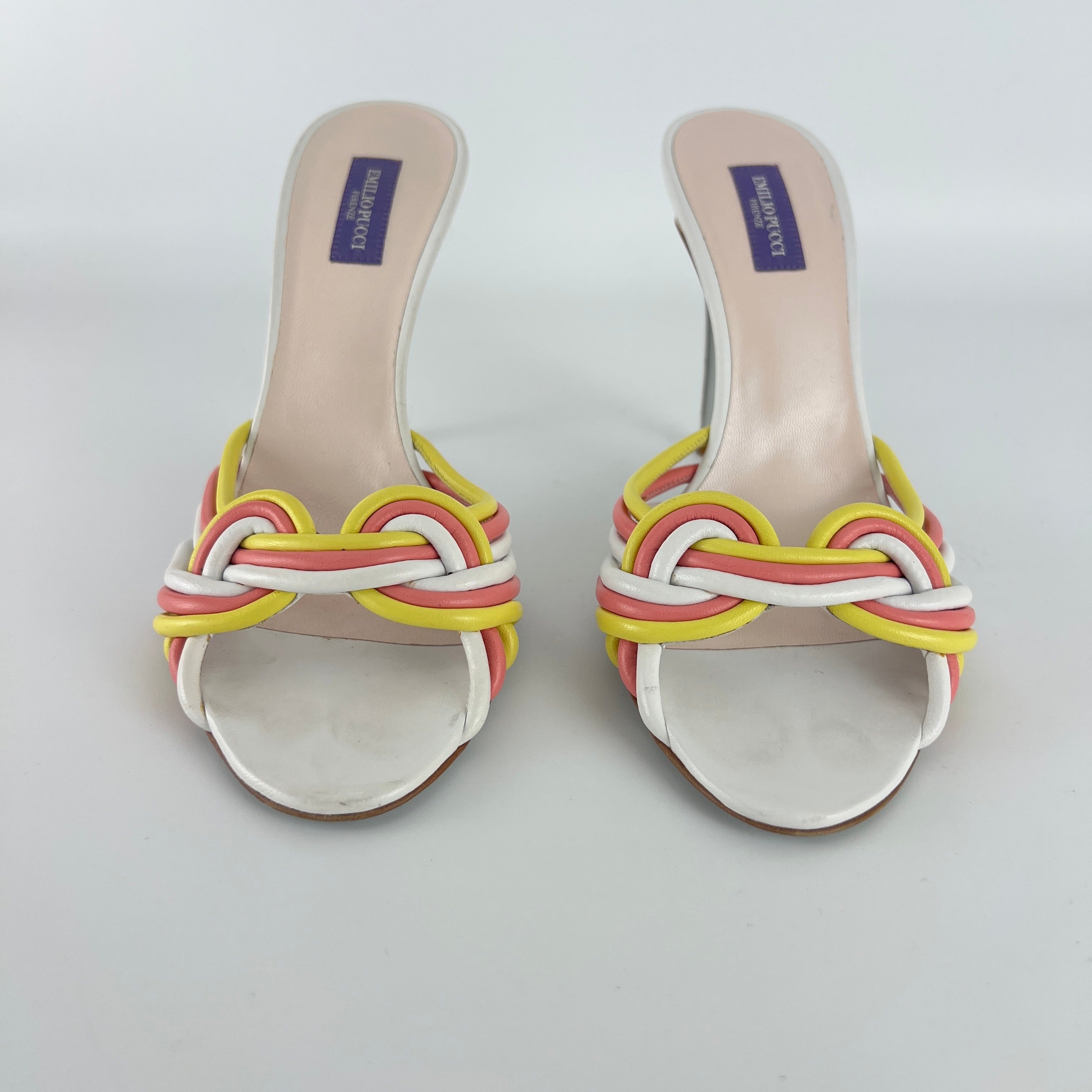 Pucci | Vintage Pink Yellow Twisted Straps Open Toe Mules (38)